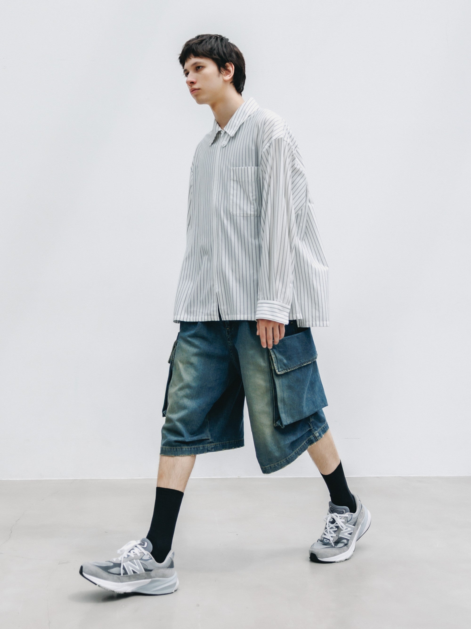 【5.30 SAT 20:00- IN STOCK】THICK/THIN STRIPE 46G KNIT EVERYDAY ZIP UP L/S SHIRT (WHITE STRIPE)