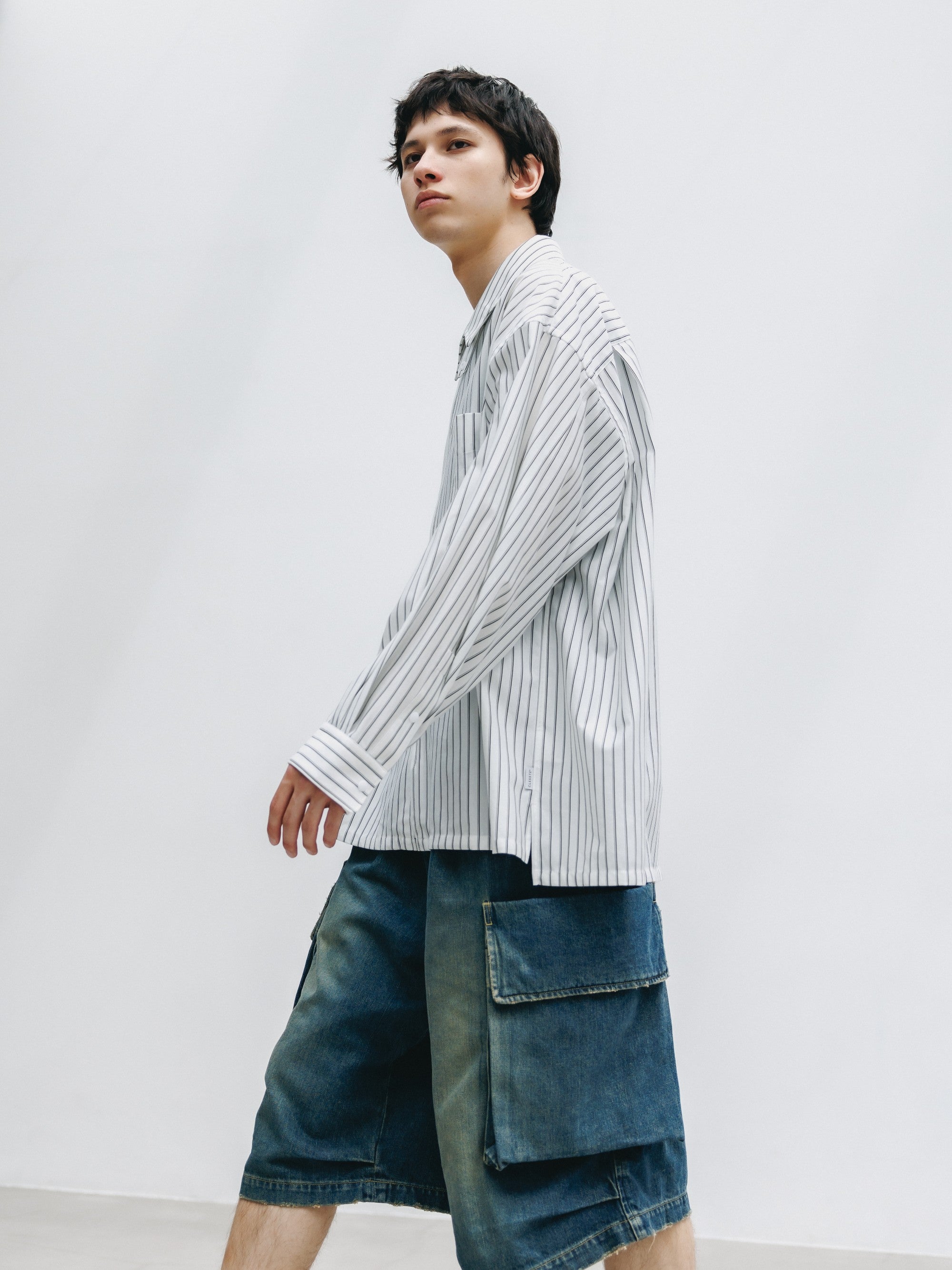 【5.30 SAT 20:00- IN STOCK】THICK/THIN STRIPE 46G KNIT EVERYDAY ZIP UP L/S SHIRT (WHITE STRIPE)
