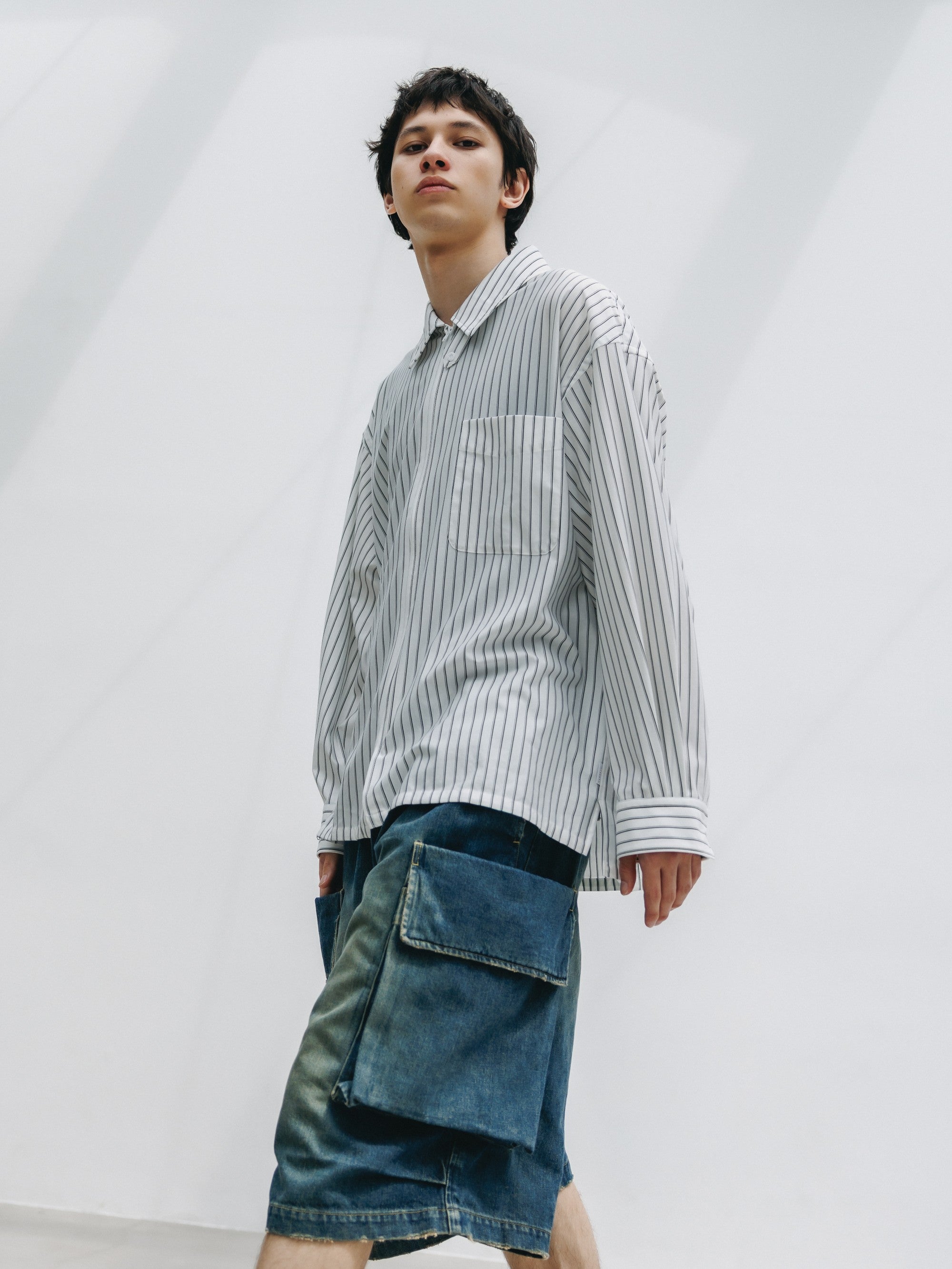 【5.30 SAT 20:00- IN STOCK】THICK/THIN STRIPE 46G KNIT EVERYDAY ZIP UP L/S SHIRT (WHITE STRIPE)