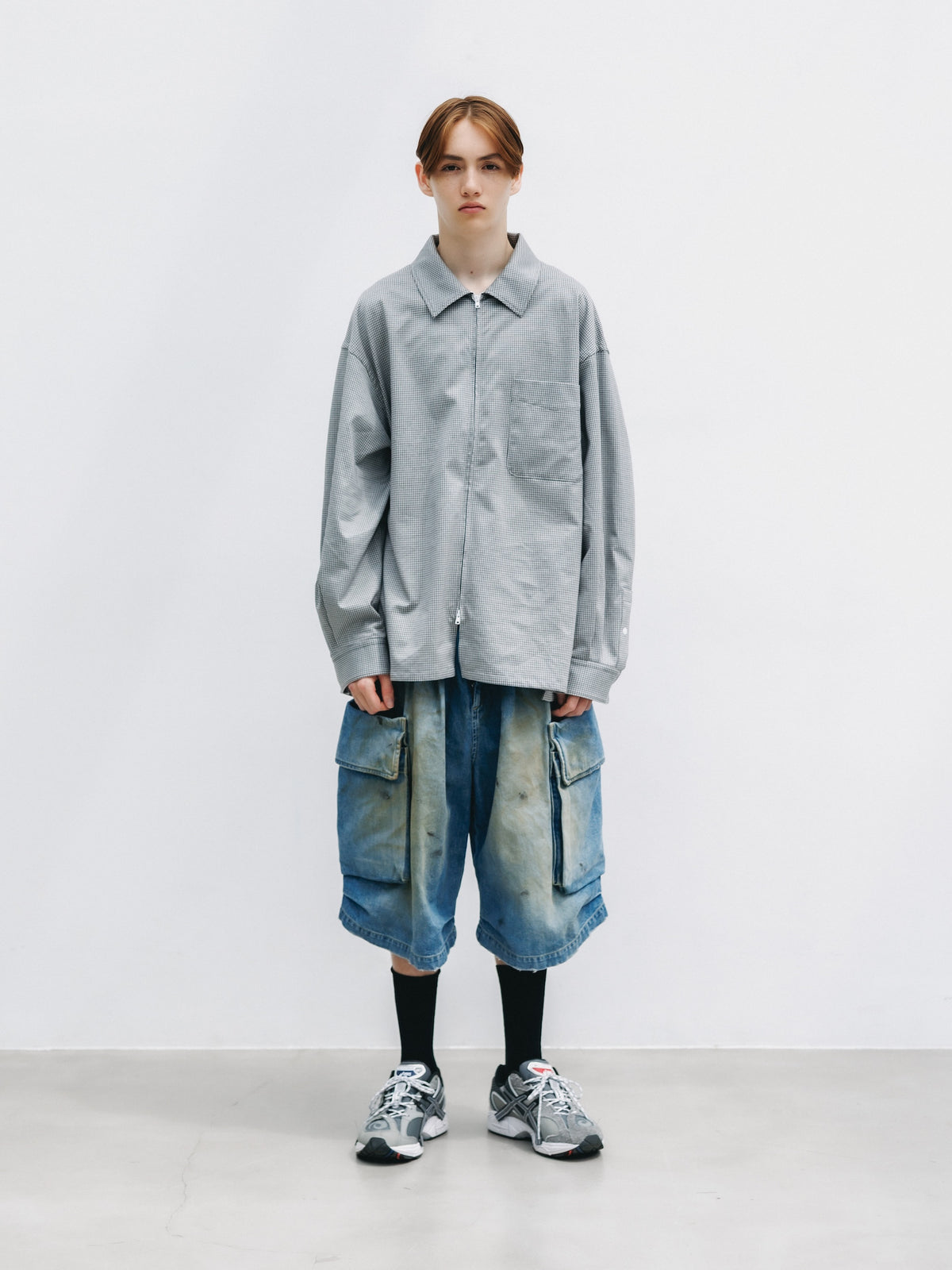 【10.24 SAT 20:00- IN STOCK】 MINI GRID CHECK 36G KNIT EVERYDAY ZIP UP L/S SHIRT (WHITE×BLACK)