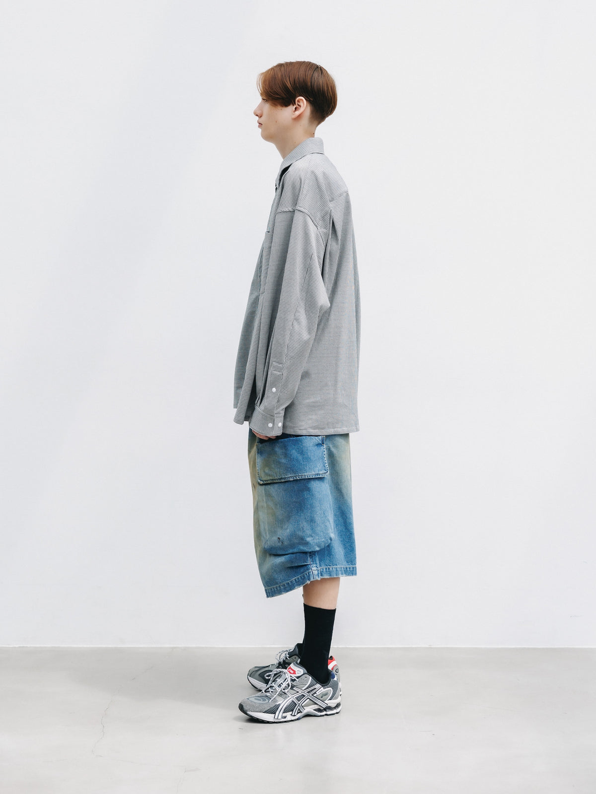 【10.24 SAT 20:00- IN STOCK】 MINI GRID CHECK 36G KNIT EVERYDAY ZIP UP L/S SHIRT (WHITE×BLACK)