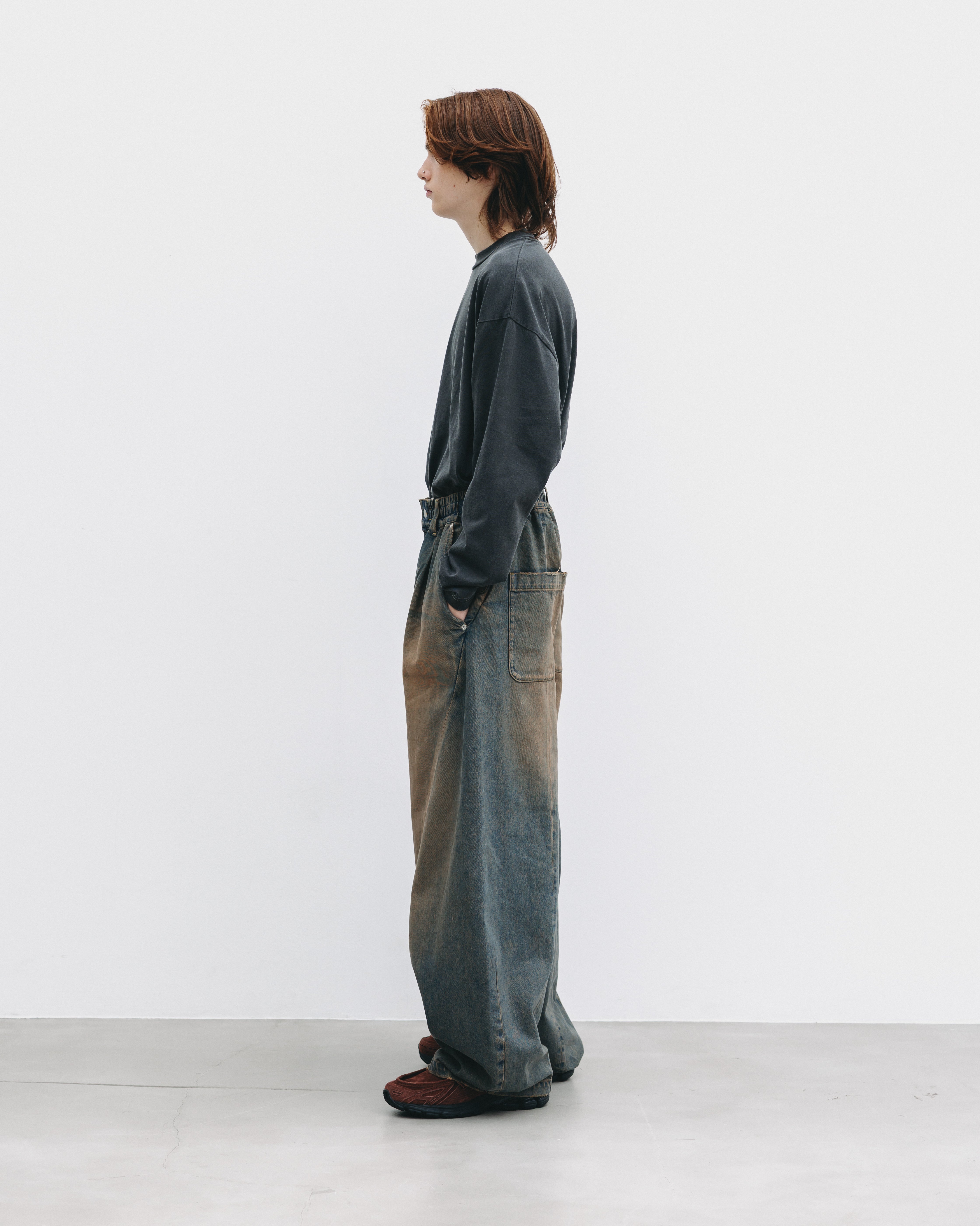 【10.1 WED 20:00- IN STOCK】VINTAGE DYED SELVEDGE DENIM BARREL LEG PANTS (VINTAGE BROWN)