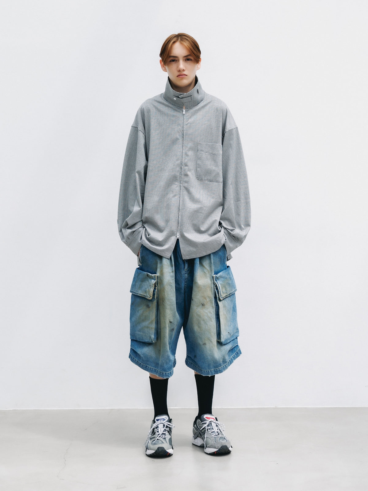 【10.24 SAT 20:00- IN STOCK】 MINI GRID CHECK 36G KNIT EVERYDAY ZIP UP L/S SHIRT (WHITE×BLACK)