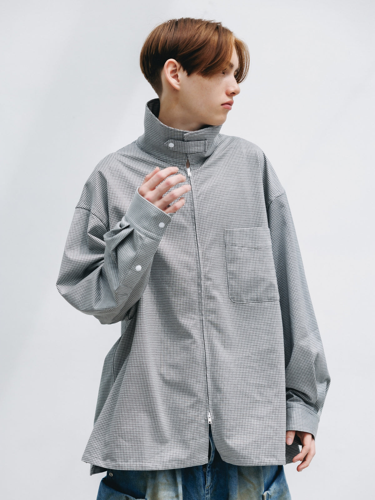 【10.24 SAT 20:00- IN STOCK】 MINI GRID CHECK 36G KNIT EVERYDAY ZIP UP L/S SHIRT (WHITE×BLACK)