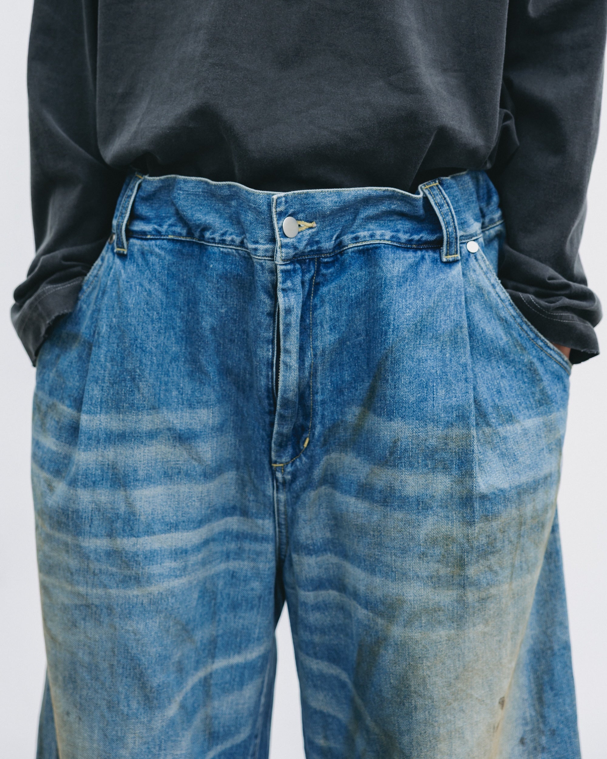 【10.1 WED 20:00- IN STOCK】VINTAGE DYED SELVEDGE DENIM BARREL LEG PANTS (VINTAGE LIGHT INDIGO)