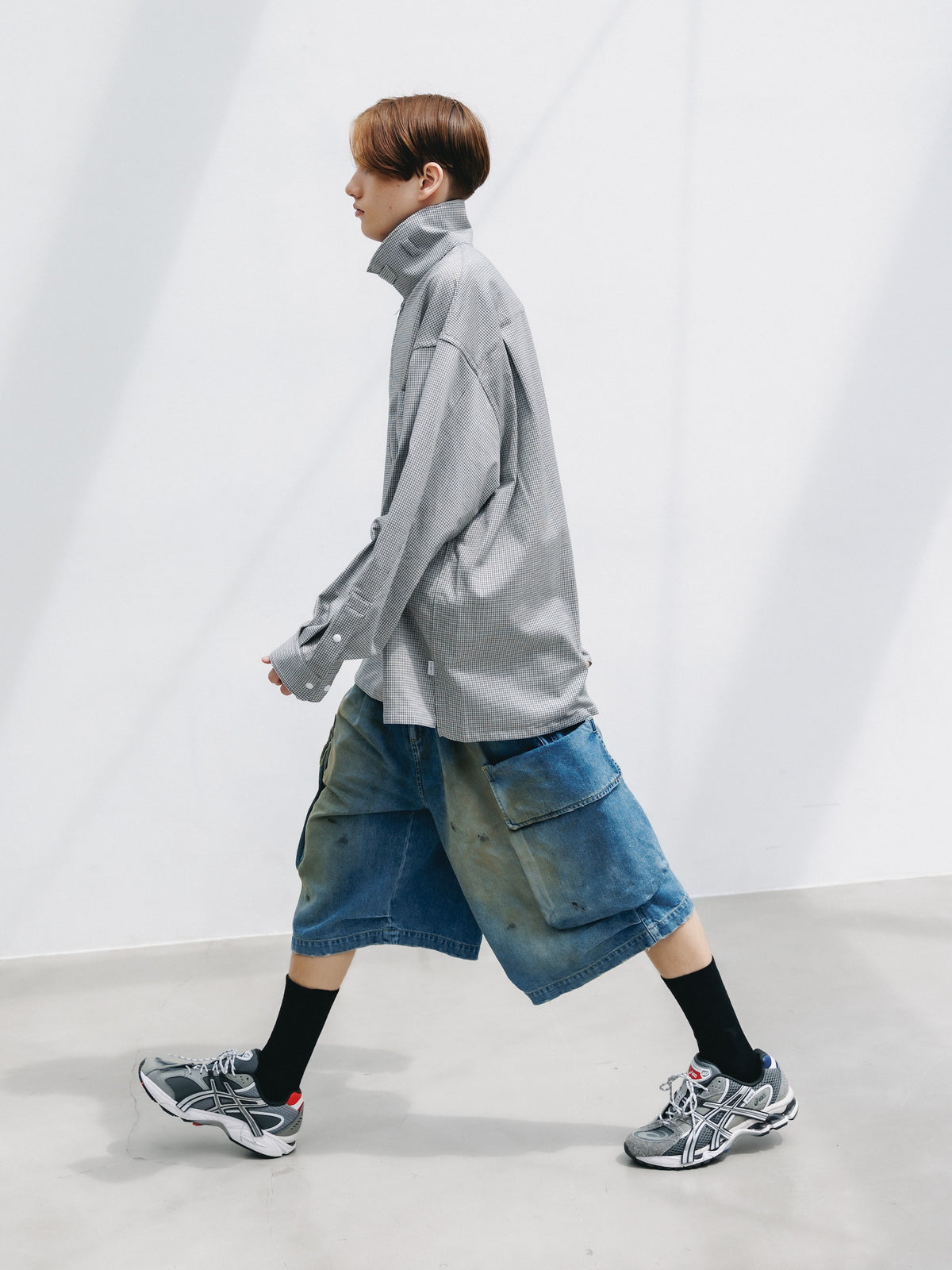 【10.24 SAT 20:00- IN STOCK】 MINI GRID CHECK 36G KNIT EVERYDAY ZIP UP L/S SHIRT (WHITE×BLACK)