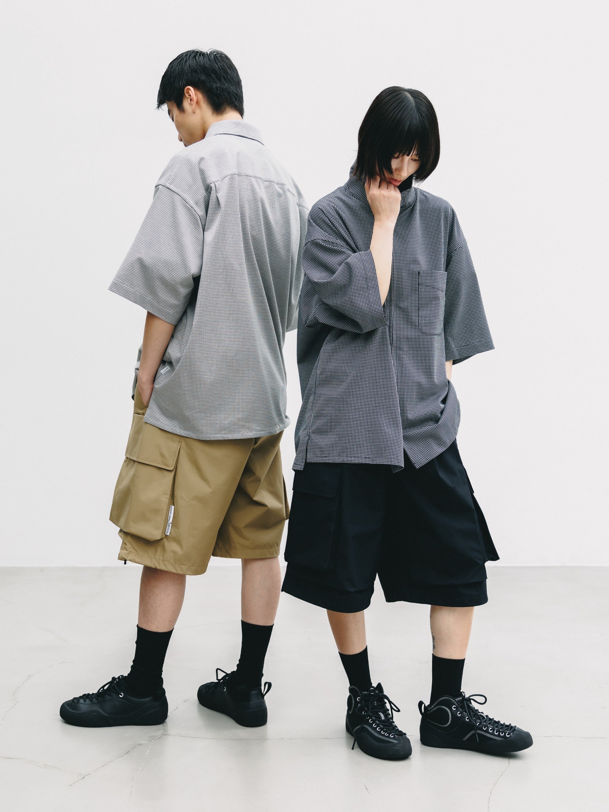 【7.8 WED 20:00- IN STOCK】MINI GRID CHECK 36G KNIT EVERYDAY ZIP UP S/S SHIRT (BLACK×WHITE)