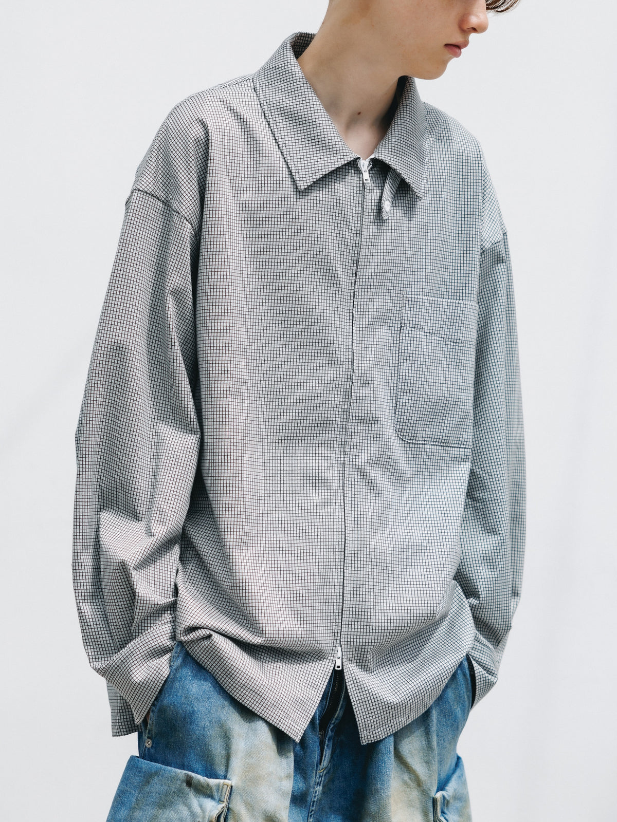【10.24 SAT 20:00- IN STOCK】 MINI GRID CHECK 36G KNIT EVERYDAY ZIP UP L/S SHIRT (WHITE×BLACK)