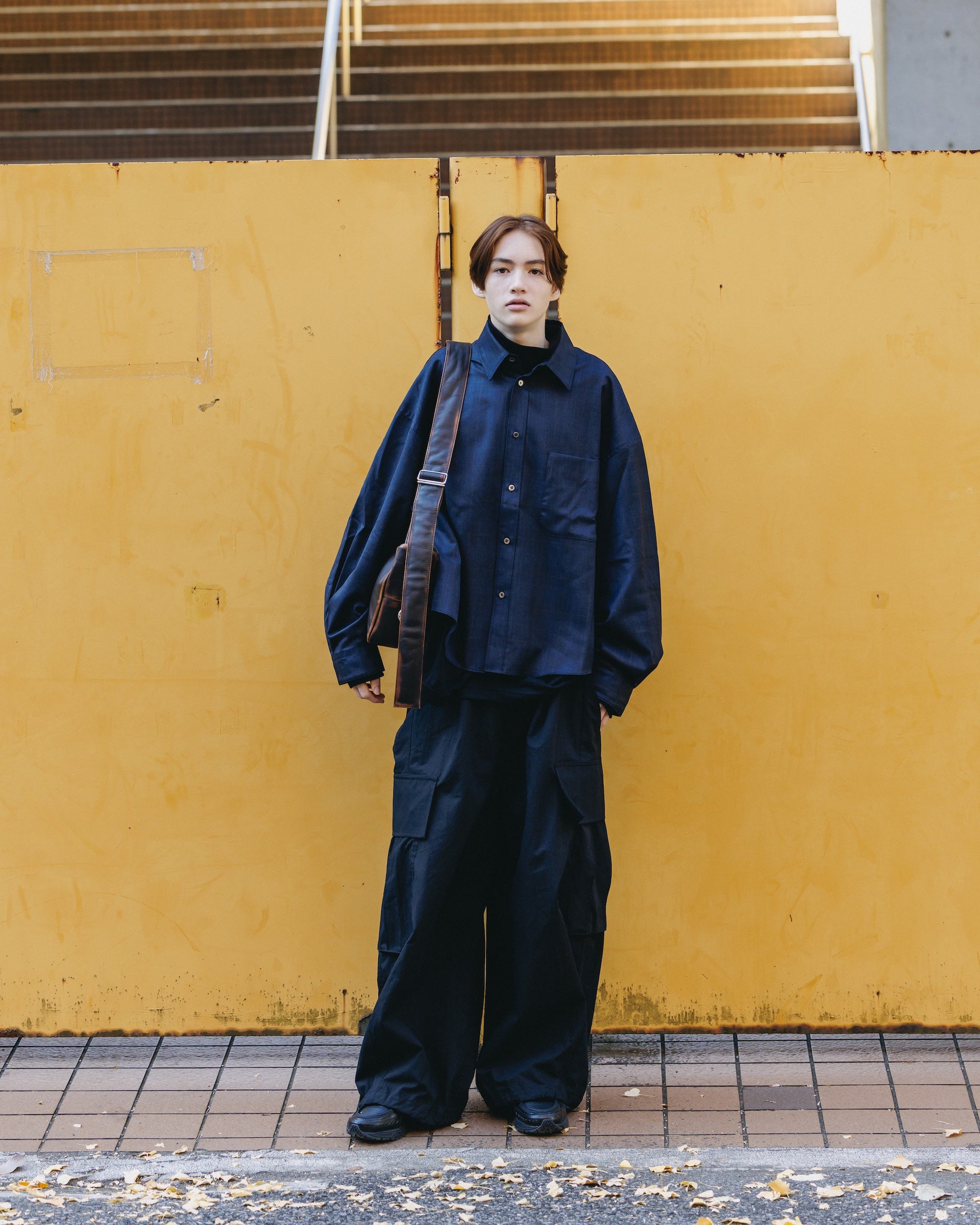 LIGHT WOOL CROPPED LENGTH EVERYDAY L/S SHIRT (GLEN CHECK(NAVY))