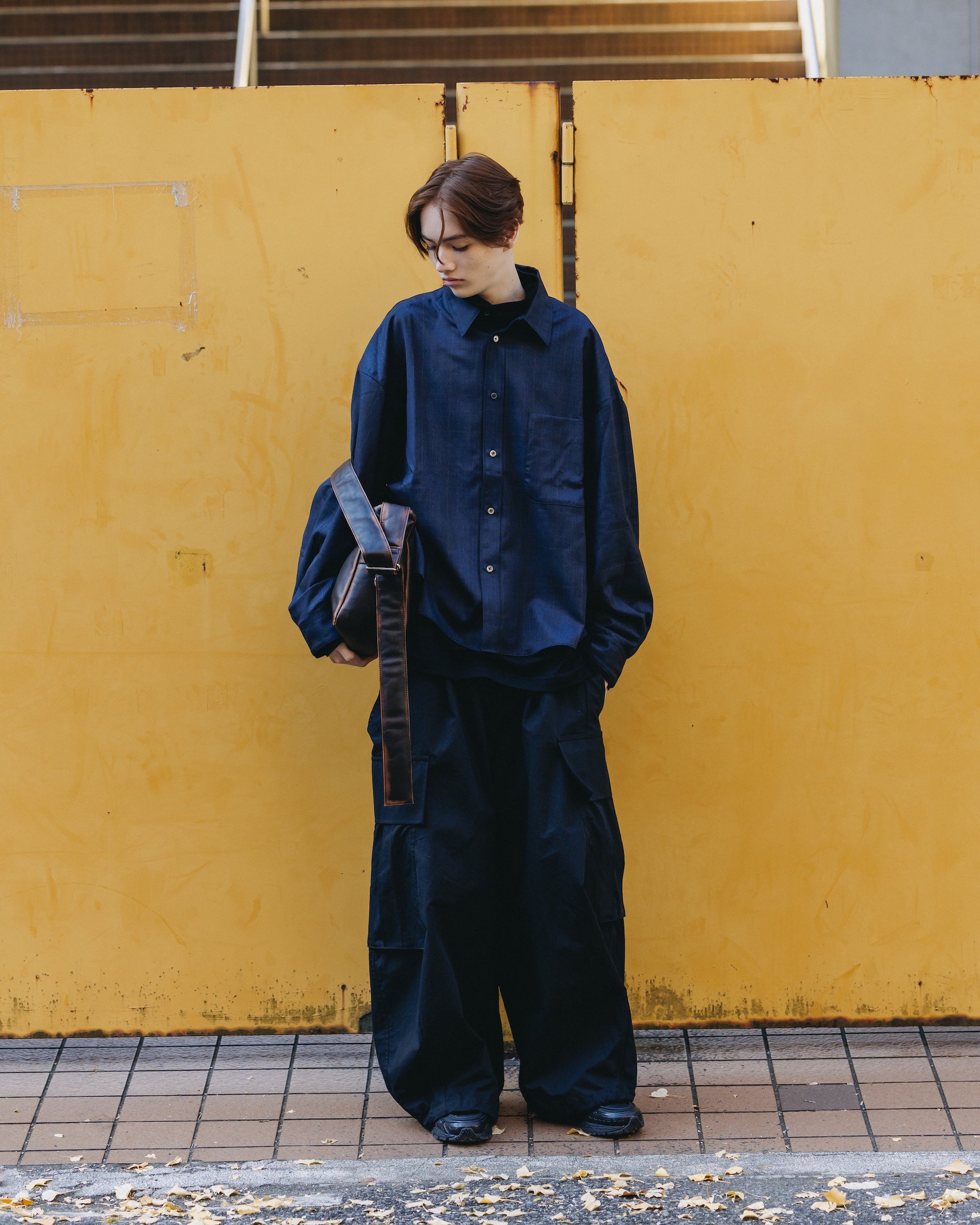 LIGHT WOOL CROPPED LENGTH EVERYDAY L/S SHIRT (GLEN CHECK(NAVY))