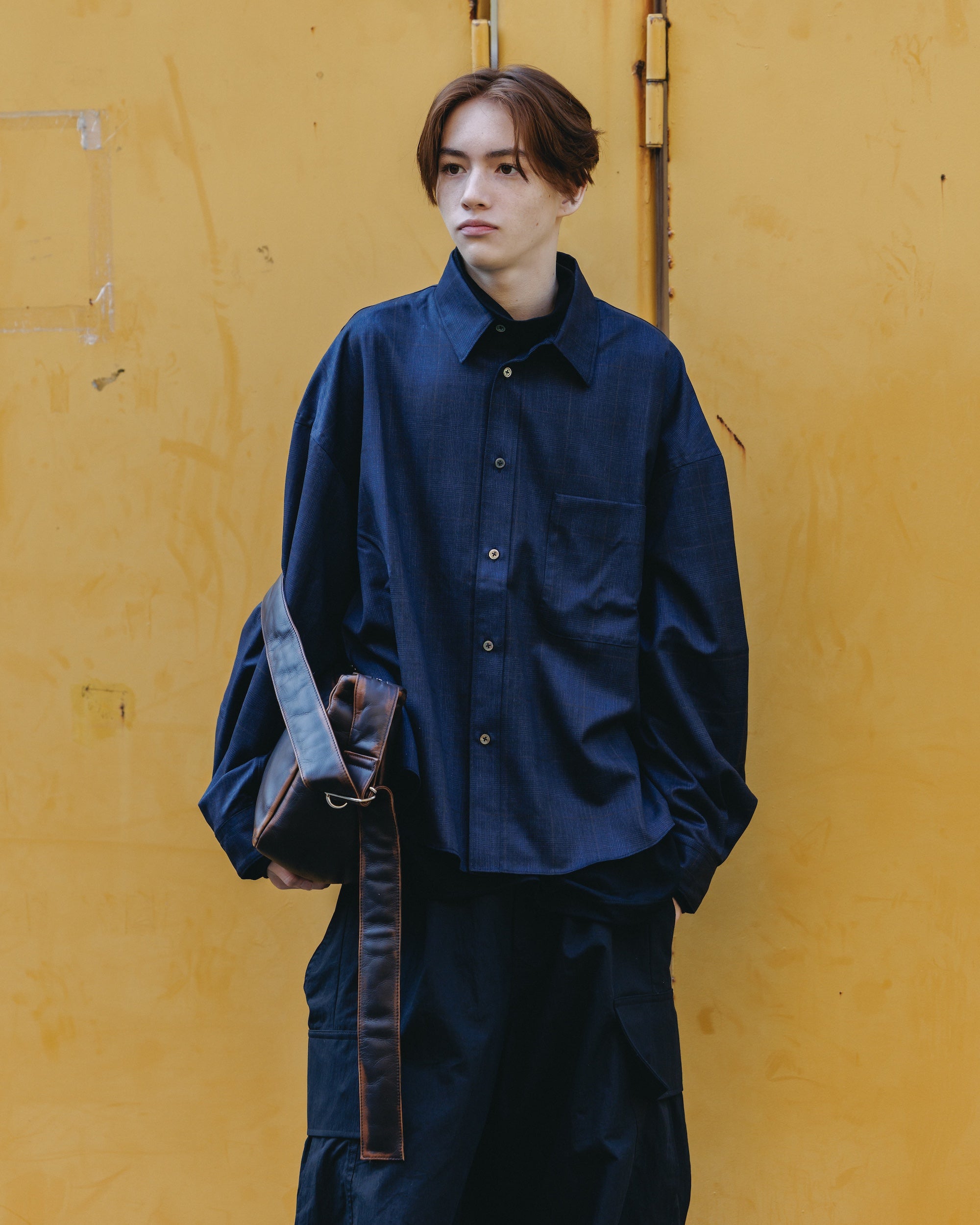 LIGHT WOOL CROPPED LENGTH EVERYDAY L/S SHIRT (GLEN CHECK(NAVY))