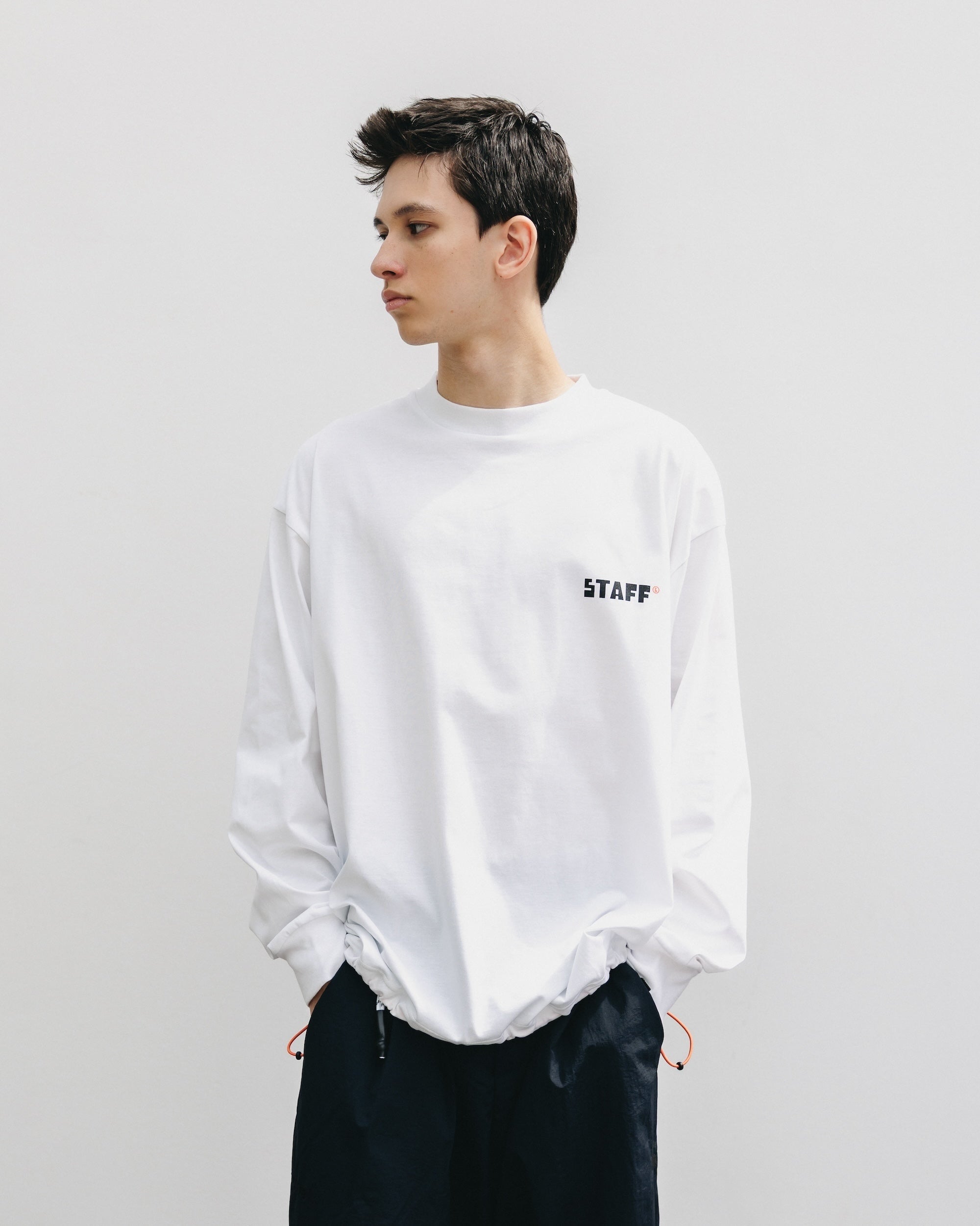 【10.15 WED 20:00- IN STOCK】"C×YGM"STAFF L/S T-SHIRT WITH DRAWSTRINGS (WHITE)