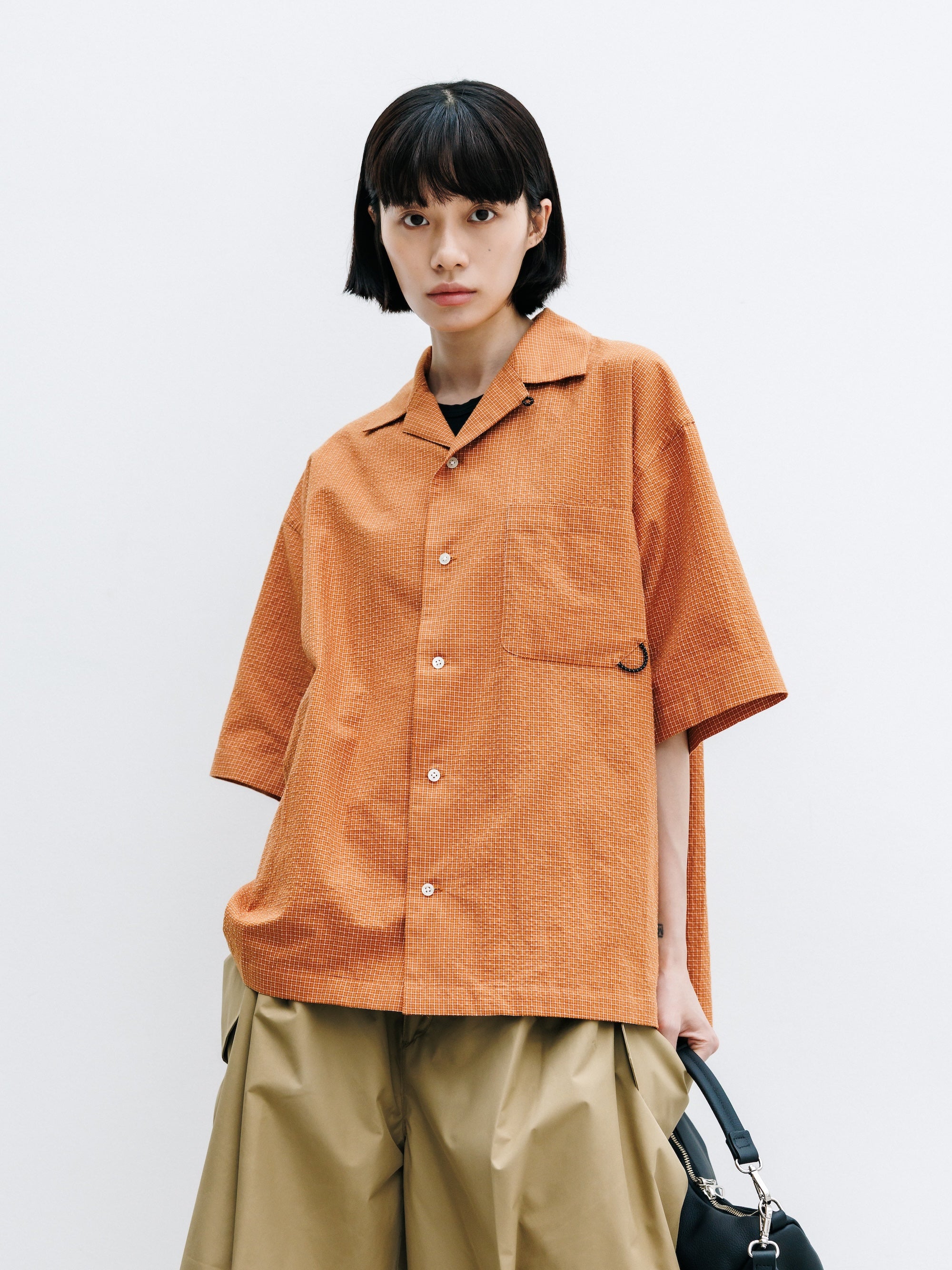 【7.25 SAT 20:00- IN STOCK】MINI CHECK OPEN COLLAR S/S SHIRT (TERRACOTTA×WHITE)