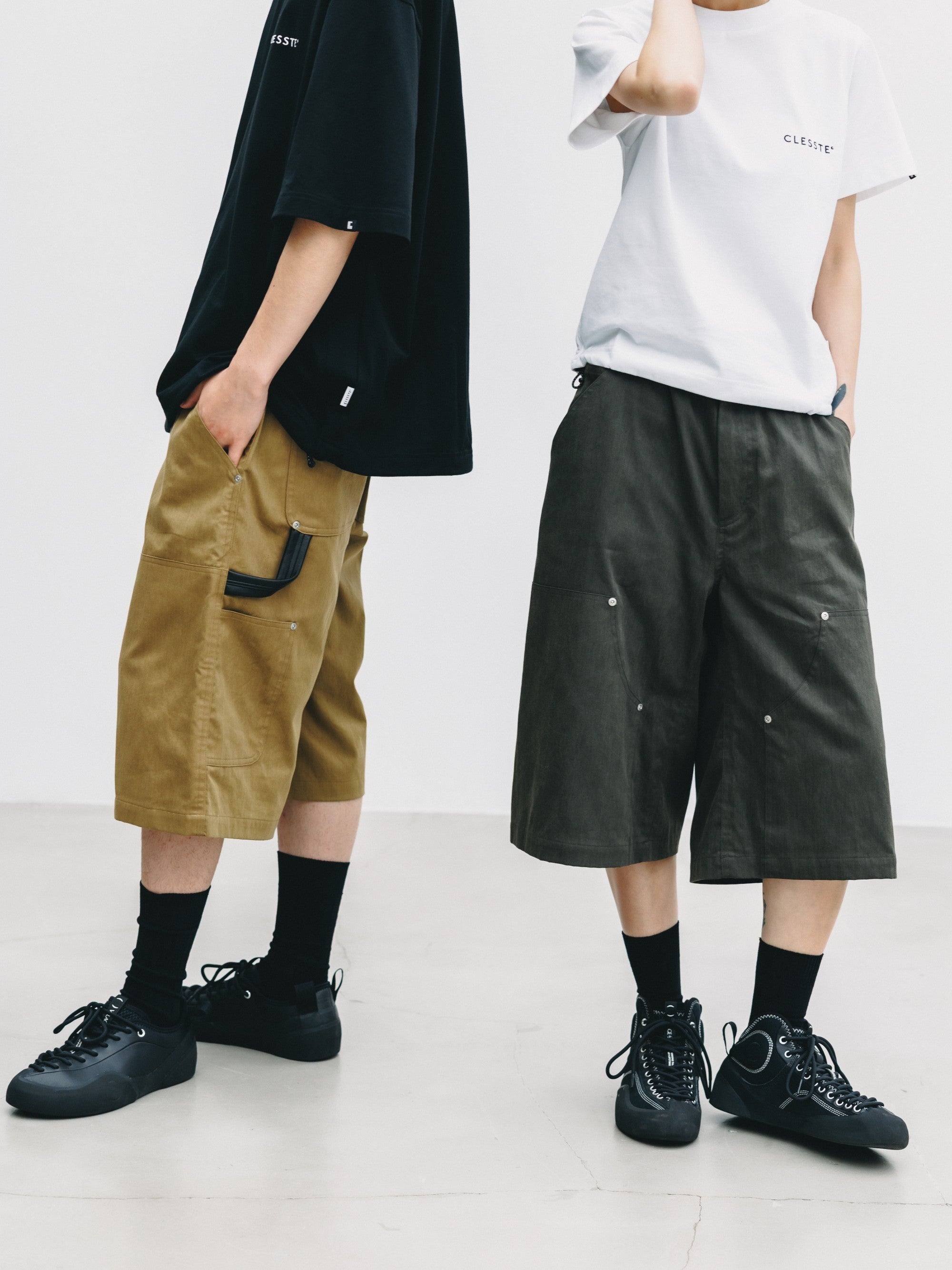 【7.4 SAT 20:00- IN STOCK】VINTAGE EFFECT DOUBLE KNEE WORKER BAGGY HALF PANTS (BLACK)