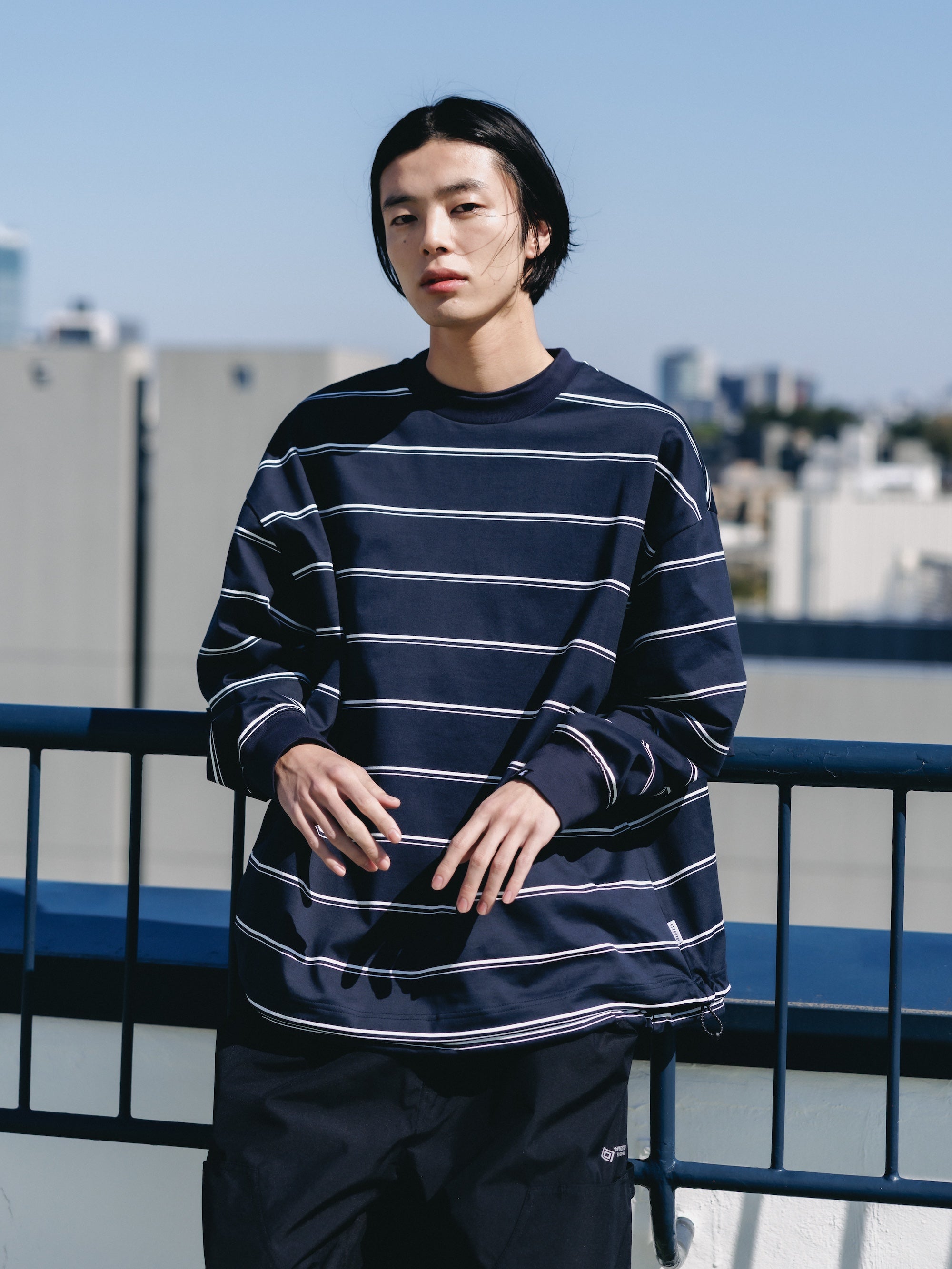 THICK THIN STRIPE L/S T-SHIRT WITH DRAWSTRINGS (NAVY)