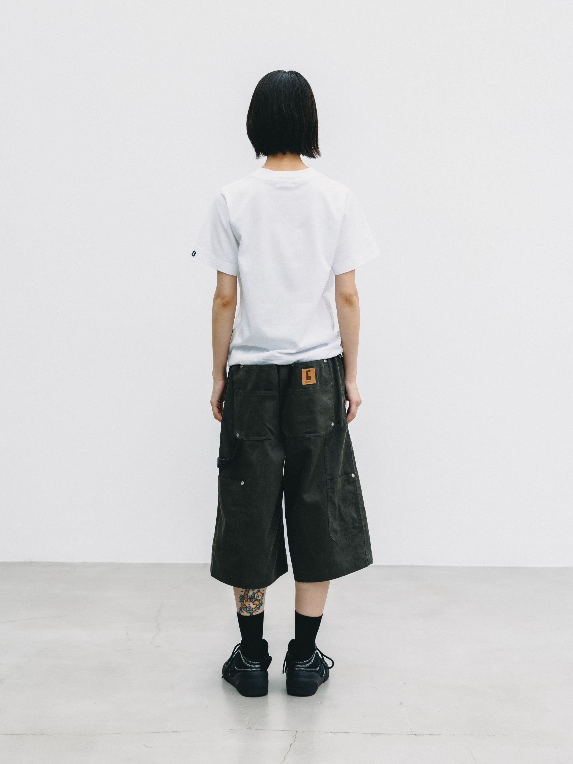 【7.4 SAT 20:00- IN STOCK】VINTAGE EFFECT DOUBLE KNEE WORKER BAGGY HALF PANTS (BLACK)
