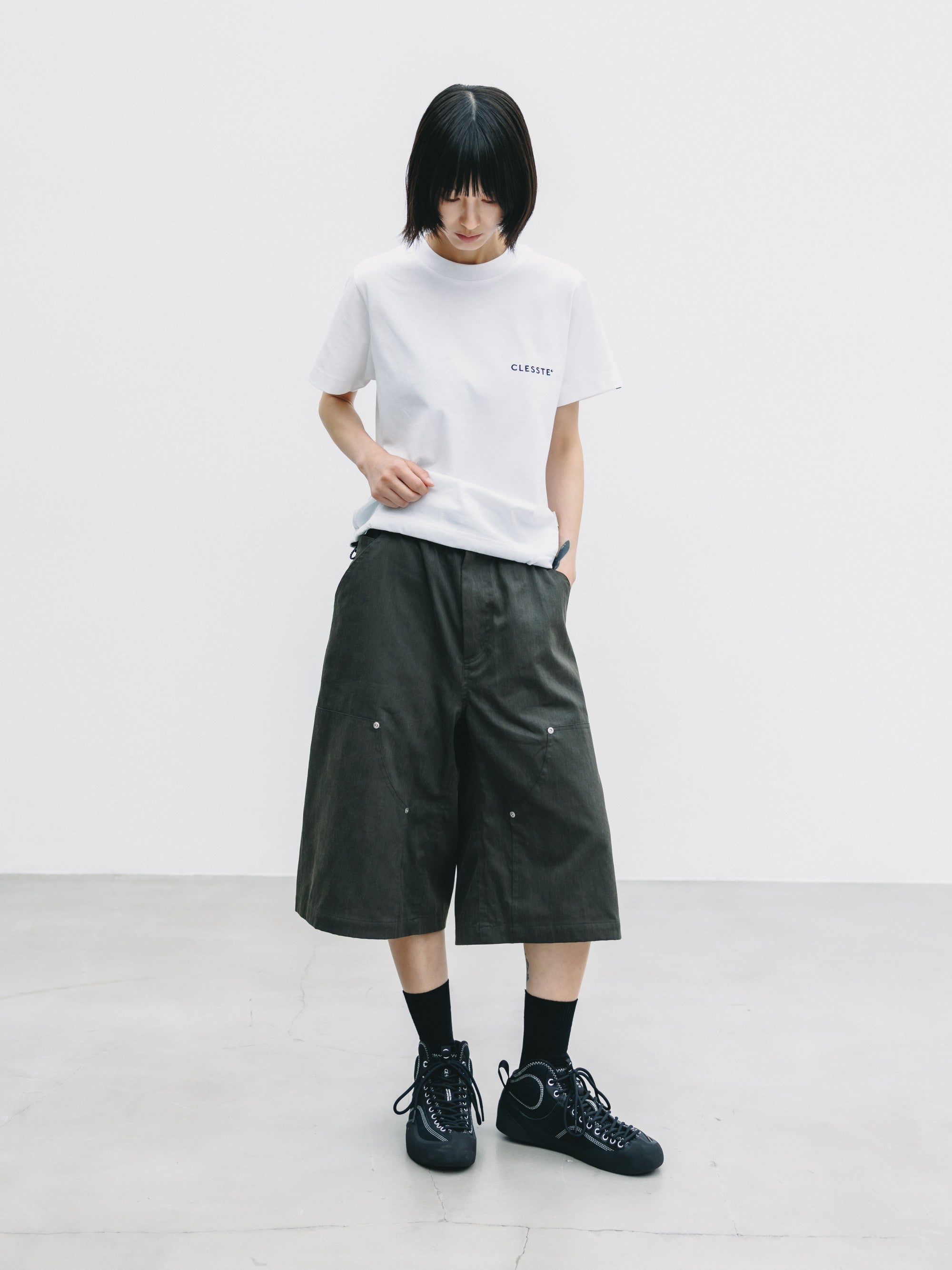 【7.4 SAT 20:00- IN STOCK】VINTAGE EFFECT DOUBLE KNEE WORKER BAGGY HALF PANTS (BLACK)