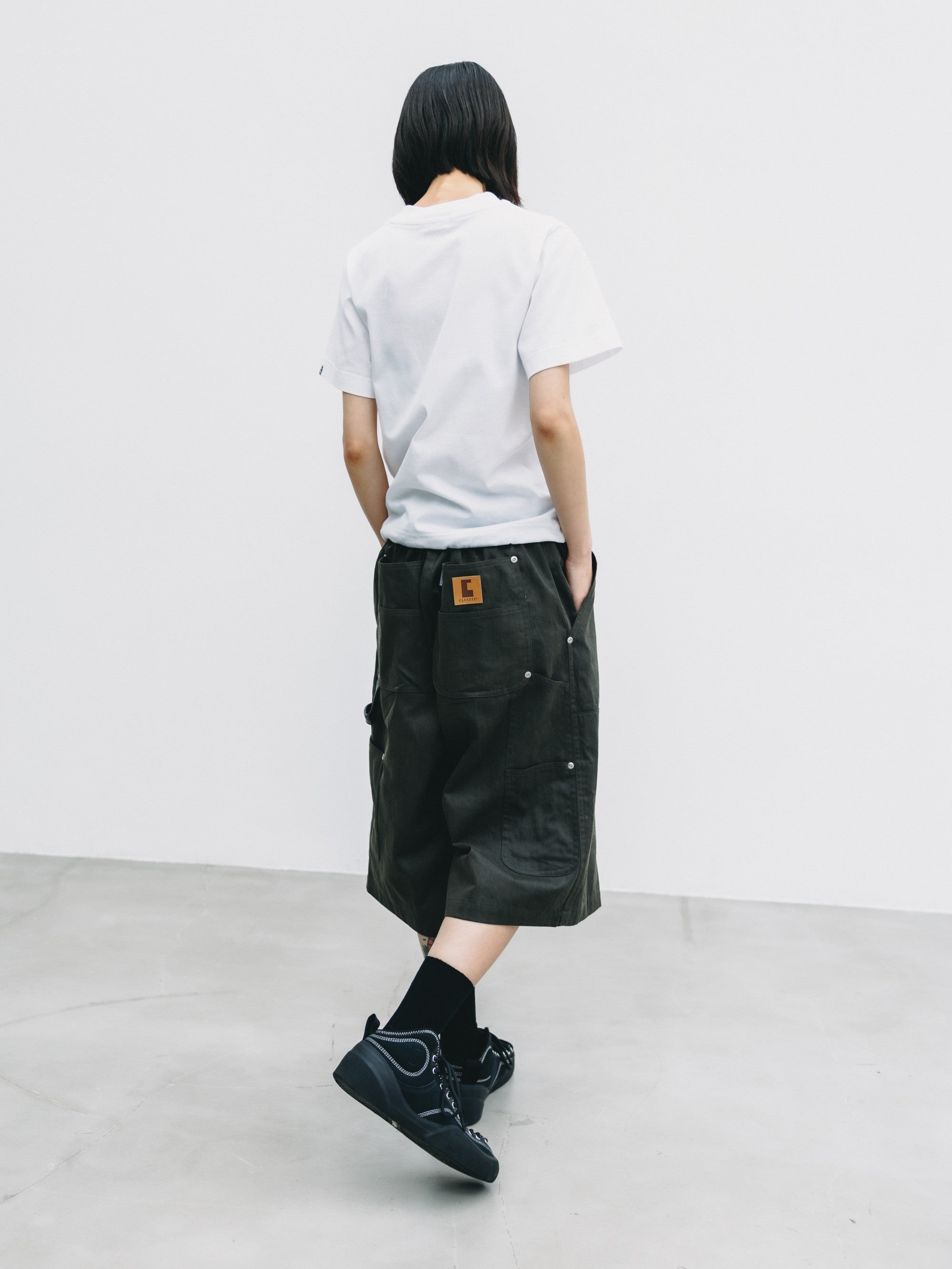 【7.4 SAT 20:00- IN STOCK】VINTAGE EFFECT DOUBLE KNEE WORKER BAGGY HALF PANTS (BLACK)