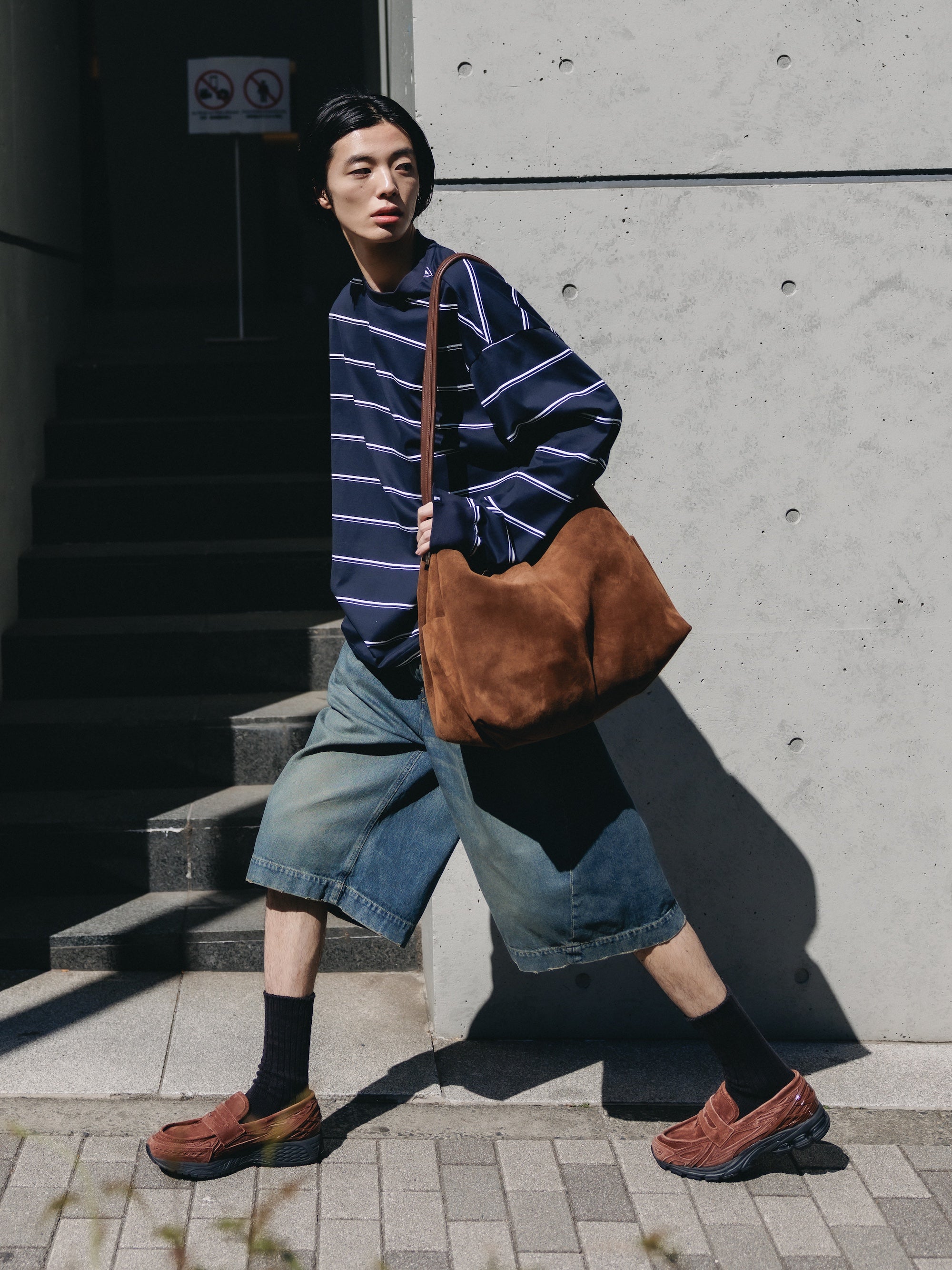 THICK THIN STRIPE L/S T-SHIRT WITH DRAWSTRINGS (NAVY)