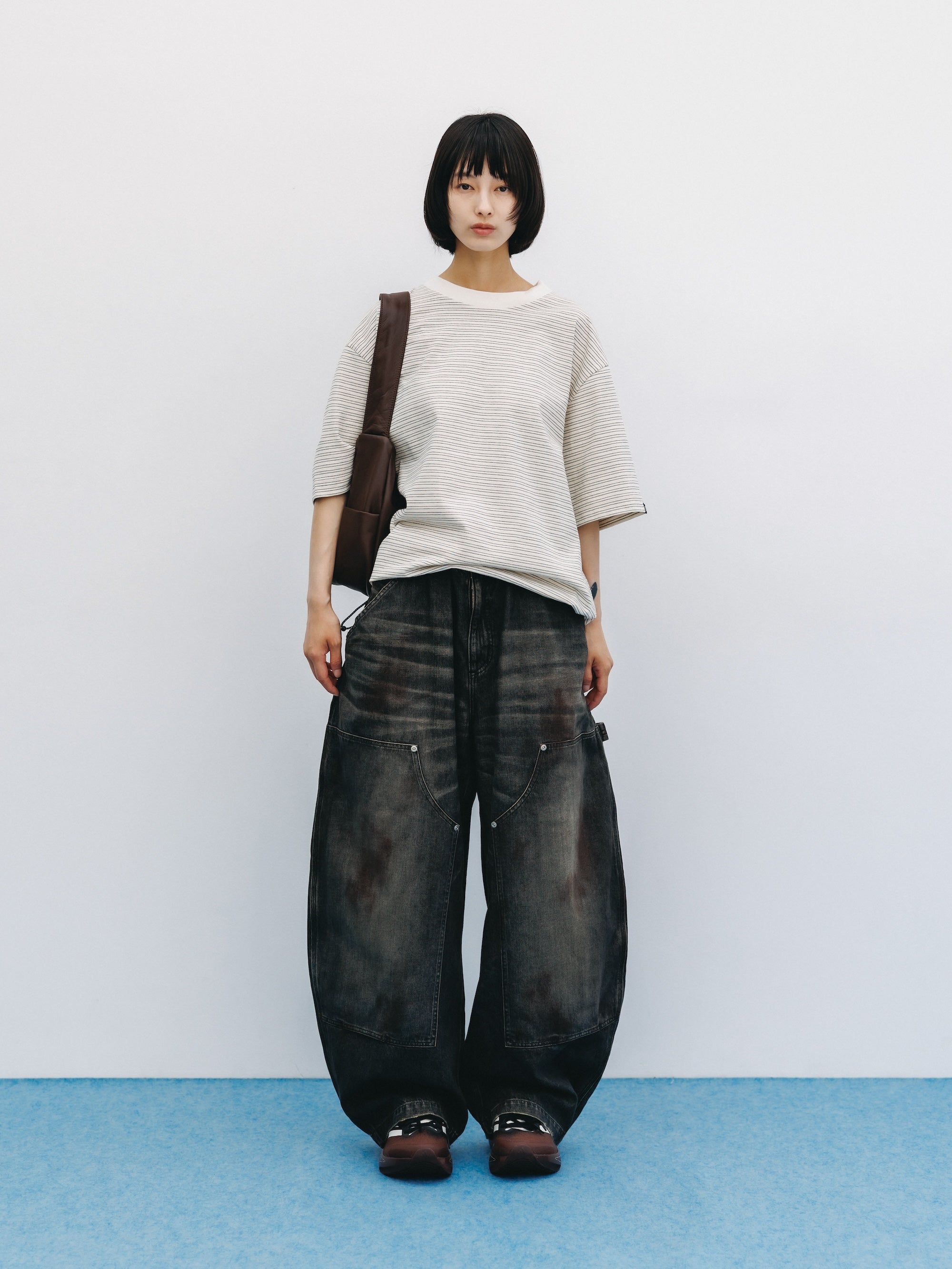 VINTAGE DYED SELVEDGE DENIM DOUBLE KNEE CURVED WORKER PANTS (VINTAGE BLACK)