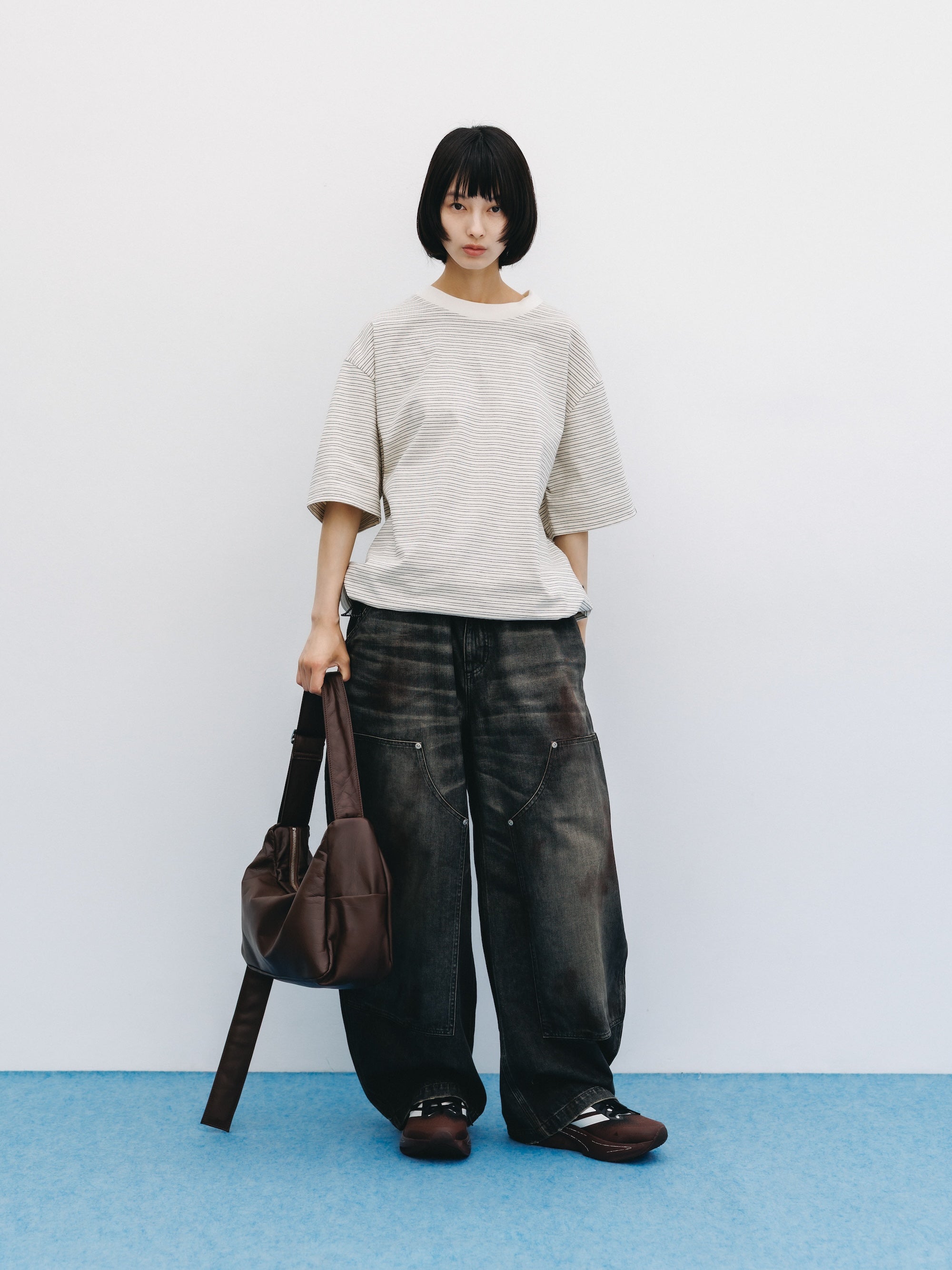 VINTAGE DYED SELVEDGE DENIM DOUBLE KNEE CURVED WORKER PANTS (VINTAGE BLACK)