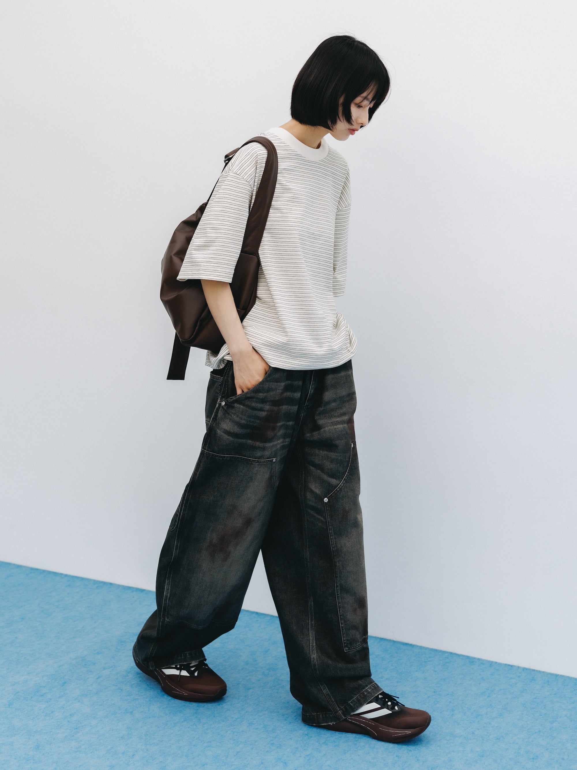 VINTAGE DYED SELVEDGE DENIM DOUBLE KNEE CURVED WORKER PANTS (VINTAGE BLACK)