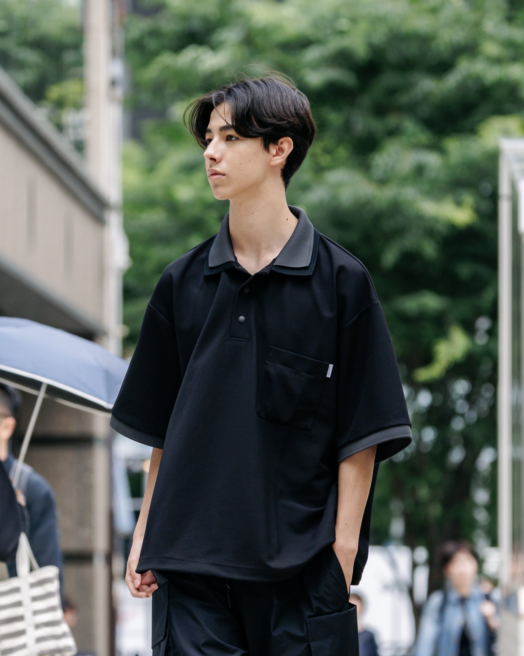 【8.20 WED 20:00- IN STOCK】ACTIVE CITY S/S DOUBLE COLLAR POLO SHIRT (BLACK×GRAY)
