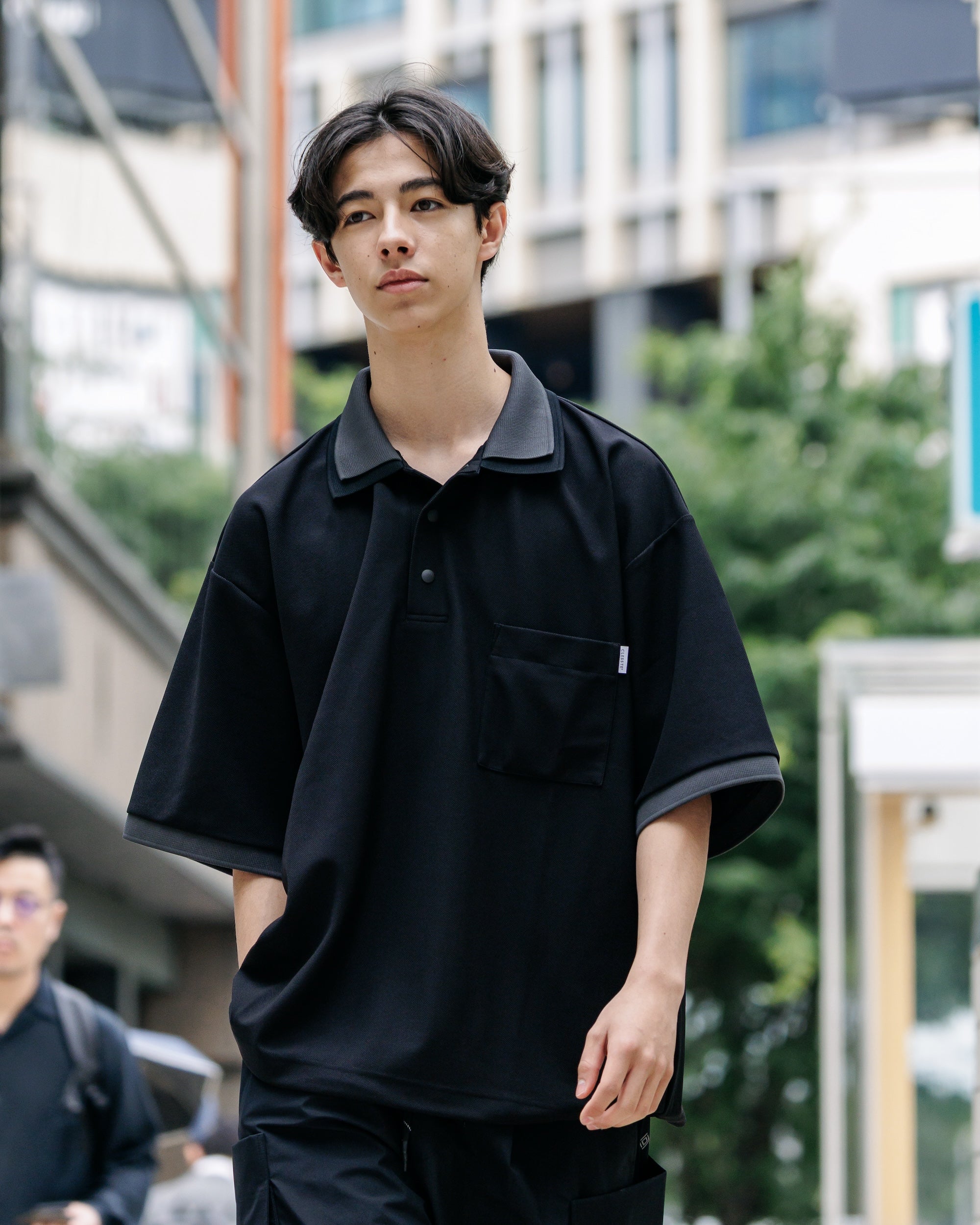 【8.20 WED 20:00- IN STOCK】ACTIVE CITY S/S DOUBLE COLLAR POLO SHIRT (BLACK×GRAY)