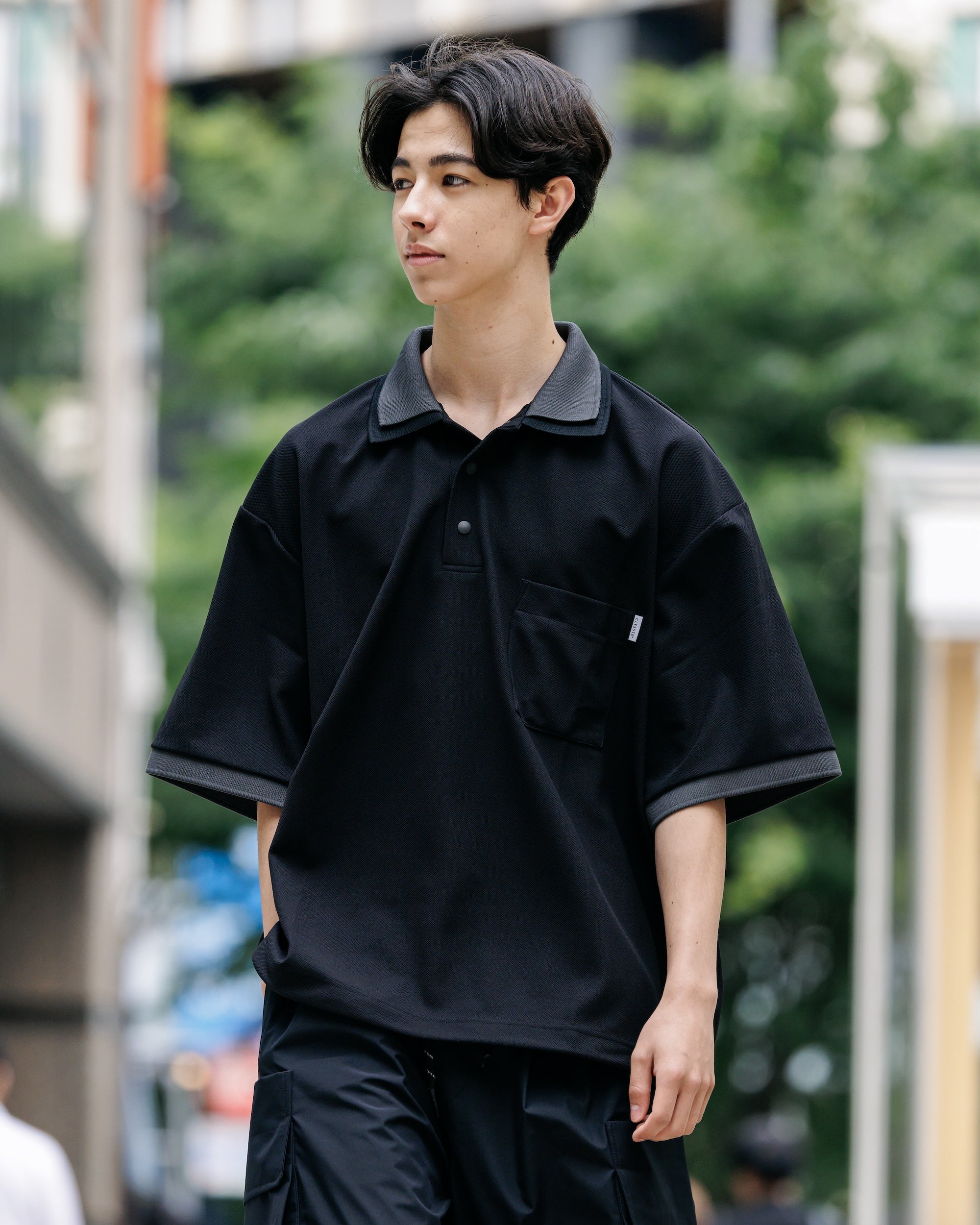 【8.20 WED 20:00- IN STOCK】ACTIVE CITY S/S DOUBLE COLLAR POLO SHIRT (BLACK×GRAY)