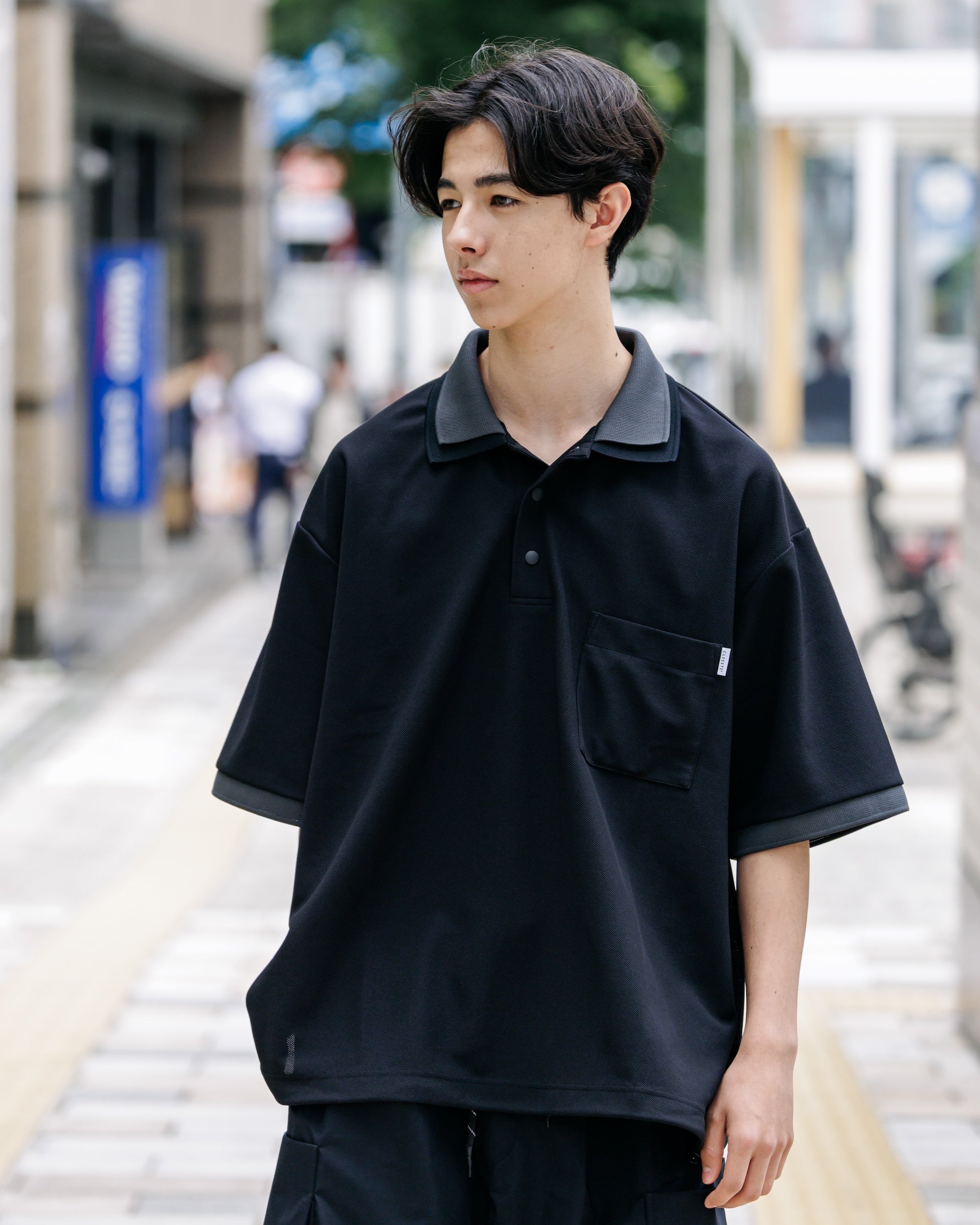 【8.20 WED 20:00- IN STOCK】ACTIVE CITY S/S DOUBLE COLLAR POLO SHIRT (BLACK×GRAY)