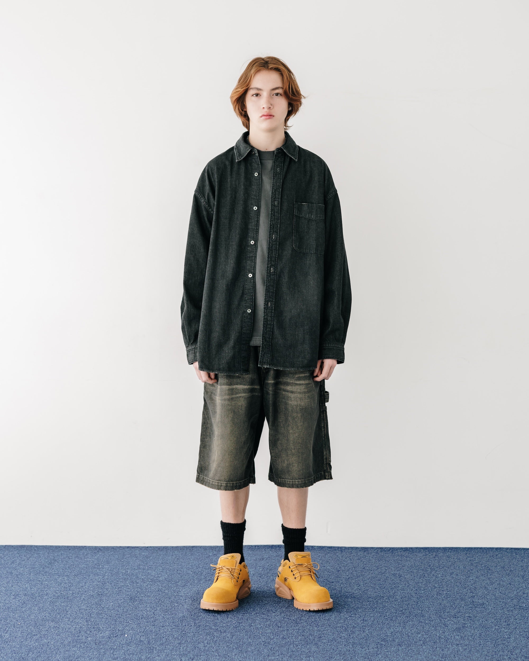 VINTAGE DYED SELVEDGE DENIM WORKER HALF PANTS (VINTAGE BLACK)
