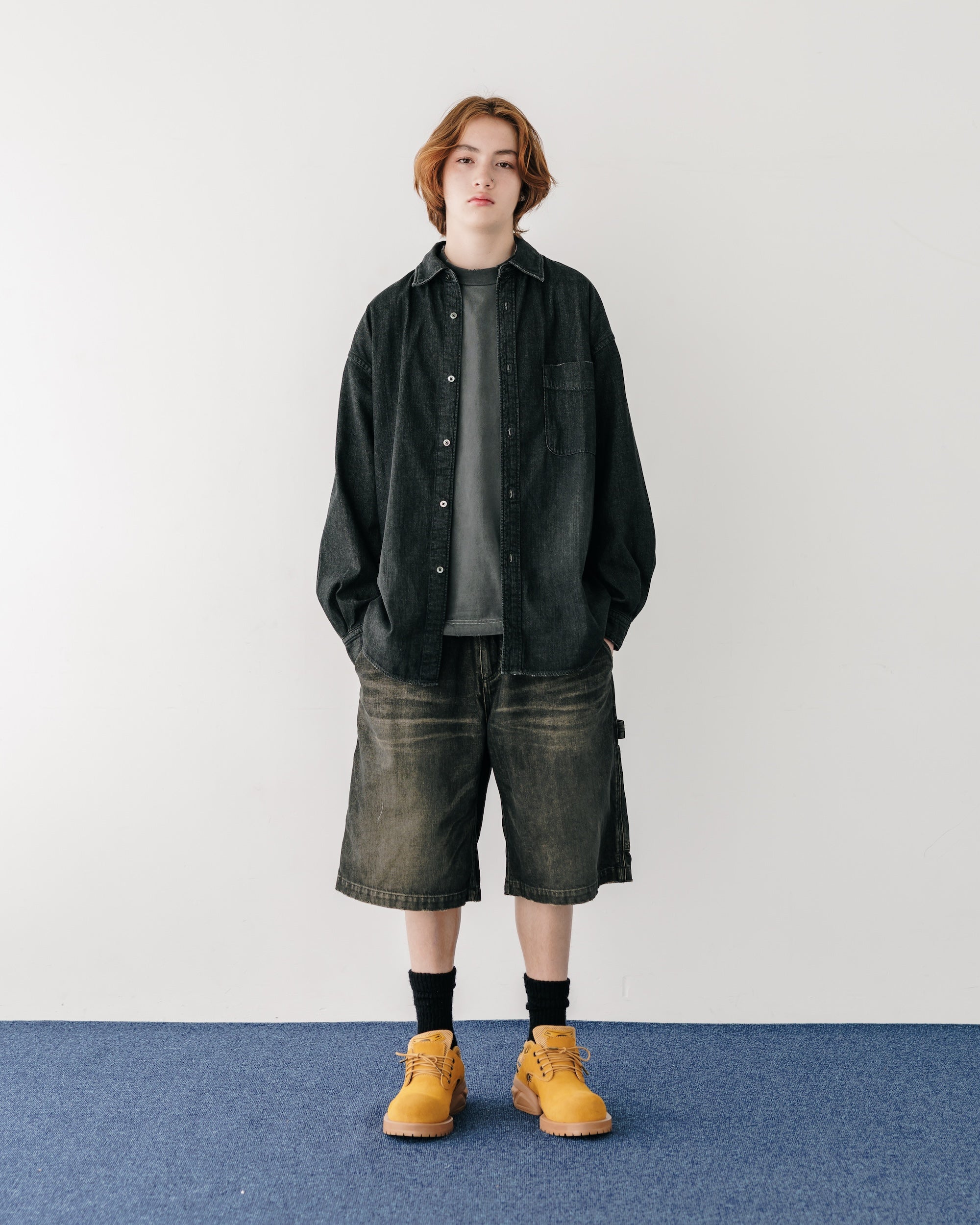 VINTAGE DYED SELVEDGE DENIM WORKER HALF PANTS (VINTAGE BLACK)