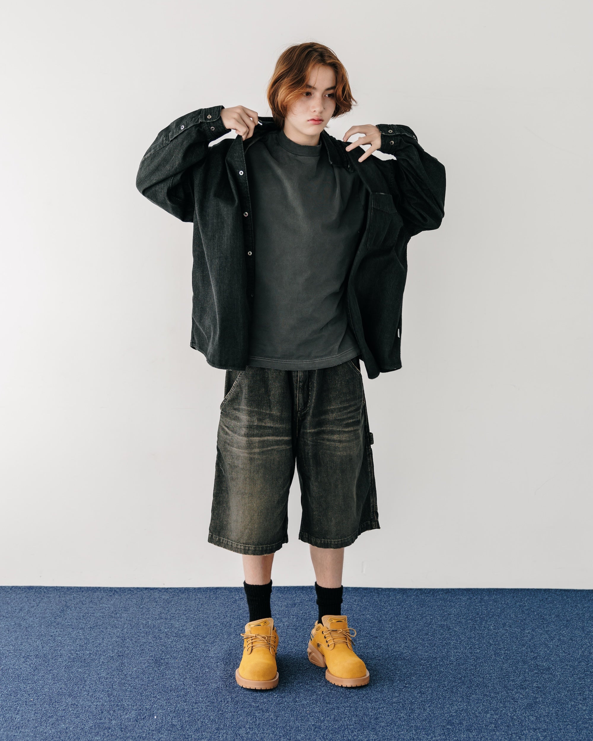 VINTAGE DYED SELVEDGE DENIM WORKER HALF PANTS (VINTAGE BLACK)