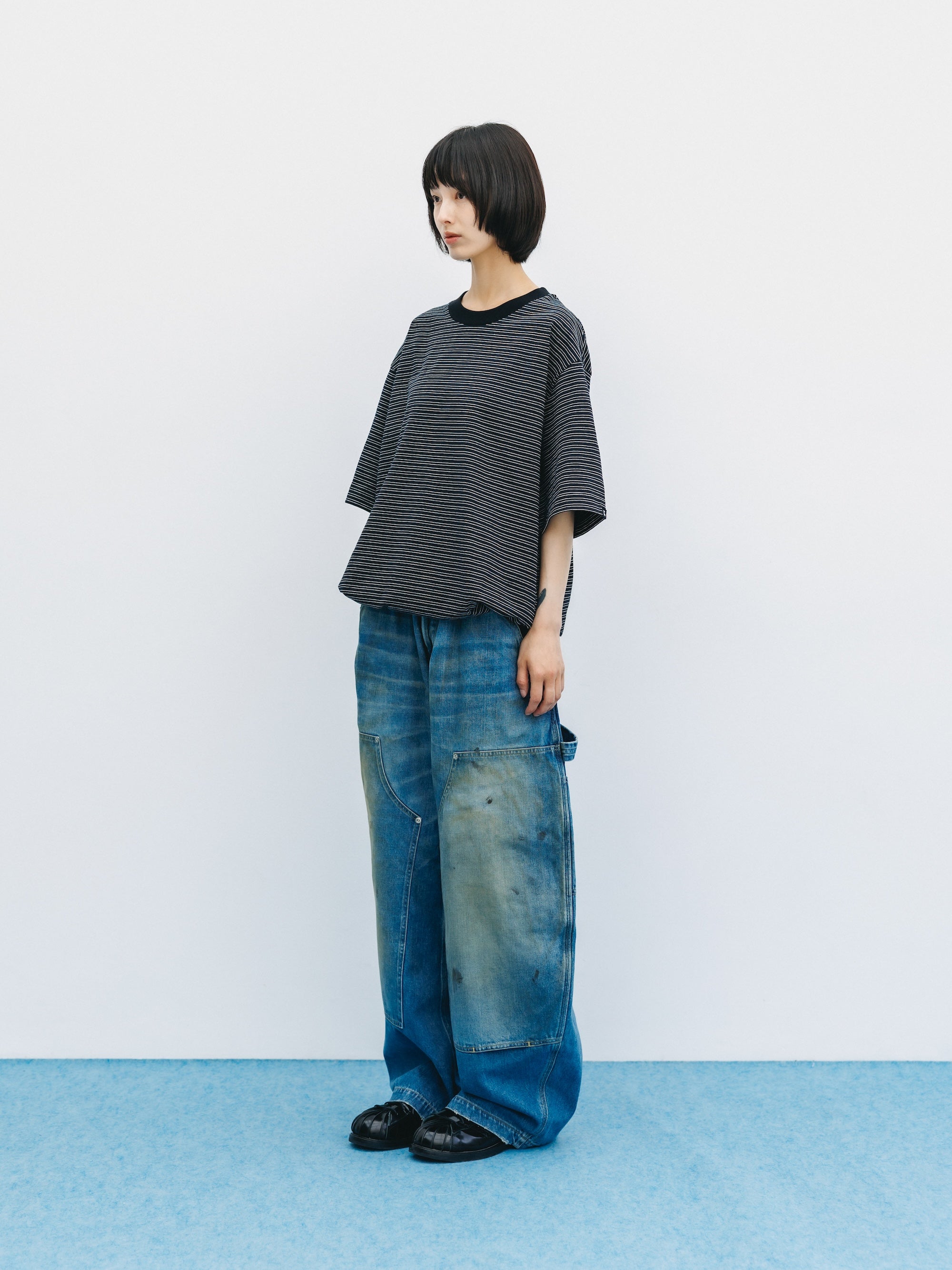 VINTAGE DYED SELVEDGE DENIM DOUBLE KNEE CURVED WORKER PANTS (VINTAGE LIGHT INDIGO)