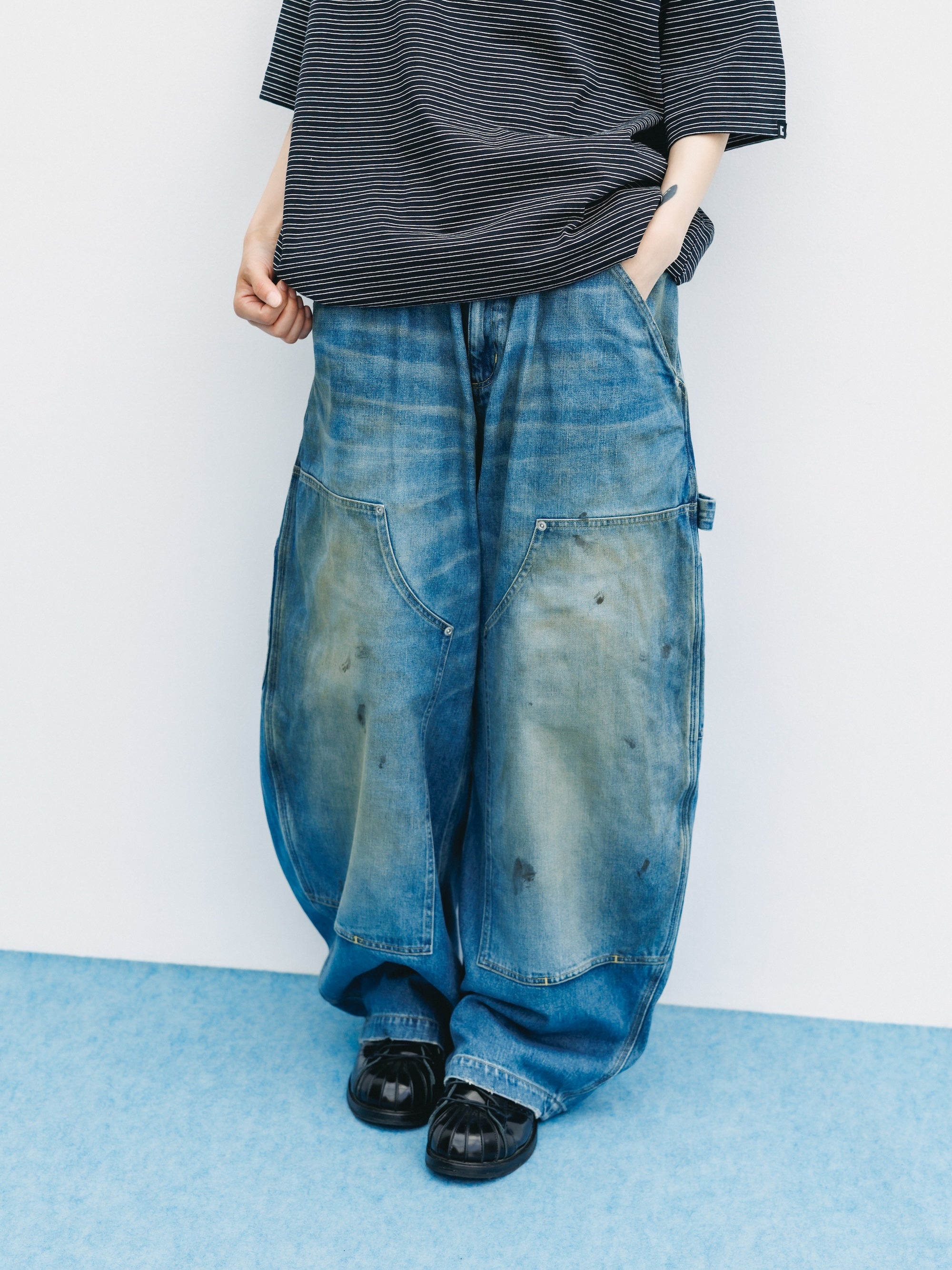 VINTAGE DYED SELVEDGE DENIM DOUBLE KNEE CURVED WORKER PANTS (VINTAGE LIGHT INDIGO)