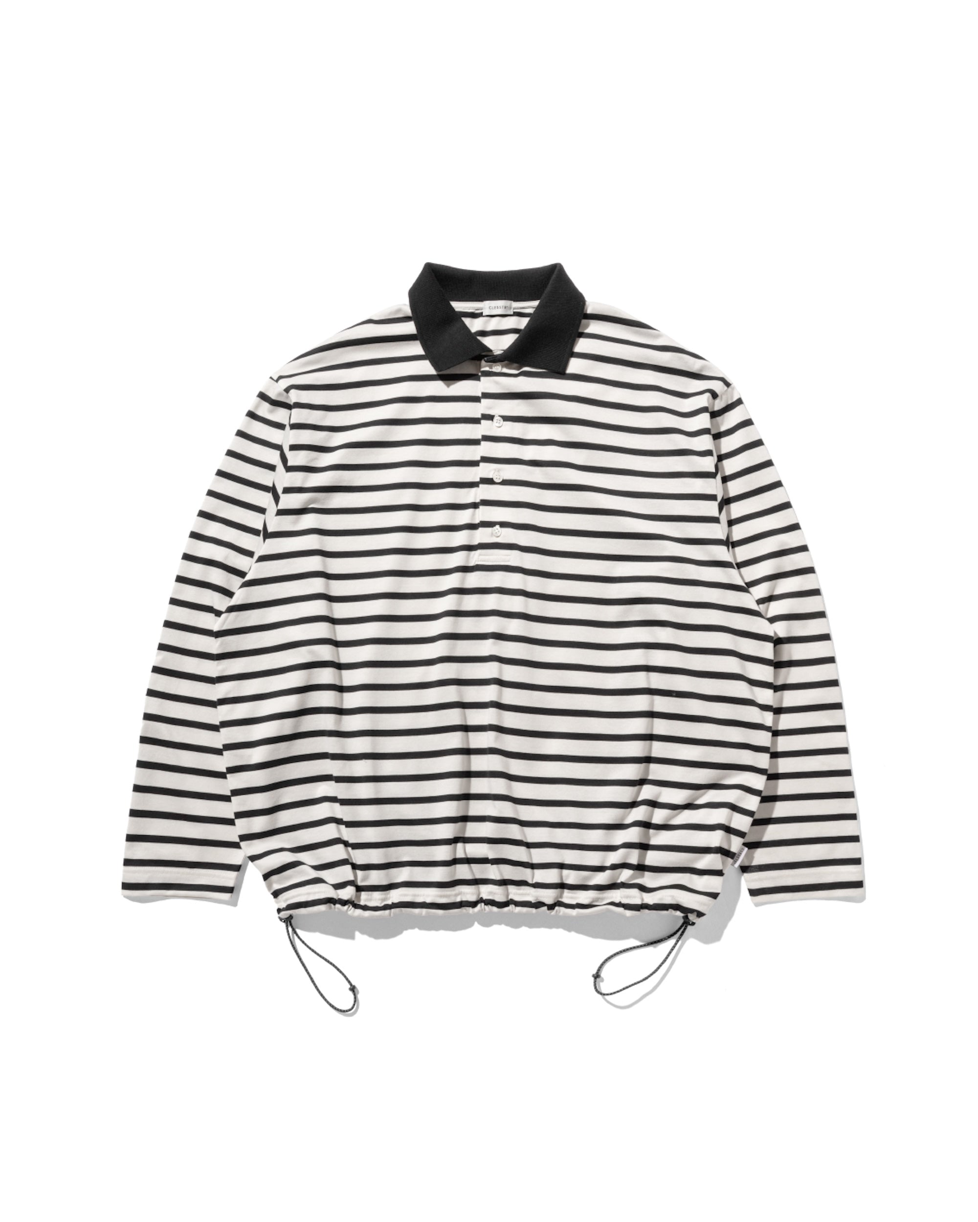 WIDE STRIPED L/S POLO WITH DRAWSTRINGS (IVORY×BLACK)