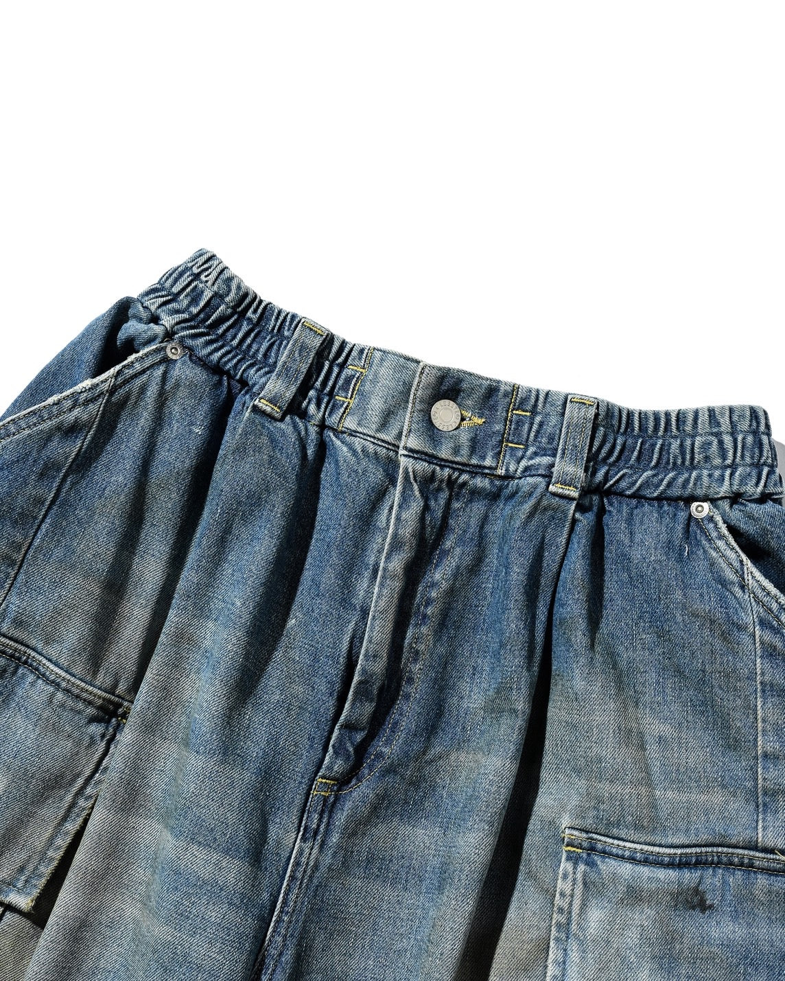 VINTAGE DYED SELVEDGE DENIM CITY MEGA POCKET BALLOON CARGO HALF PANTS (VINTAGE LIGHT INDIGO)