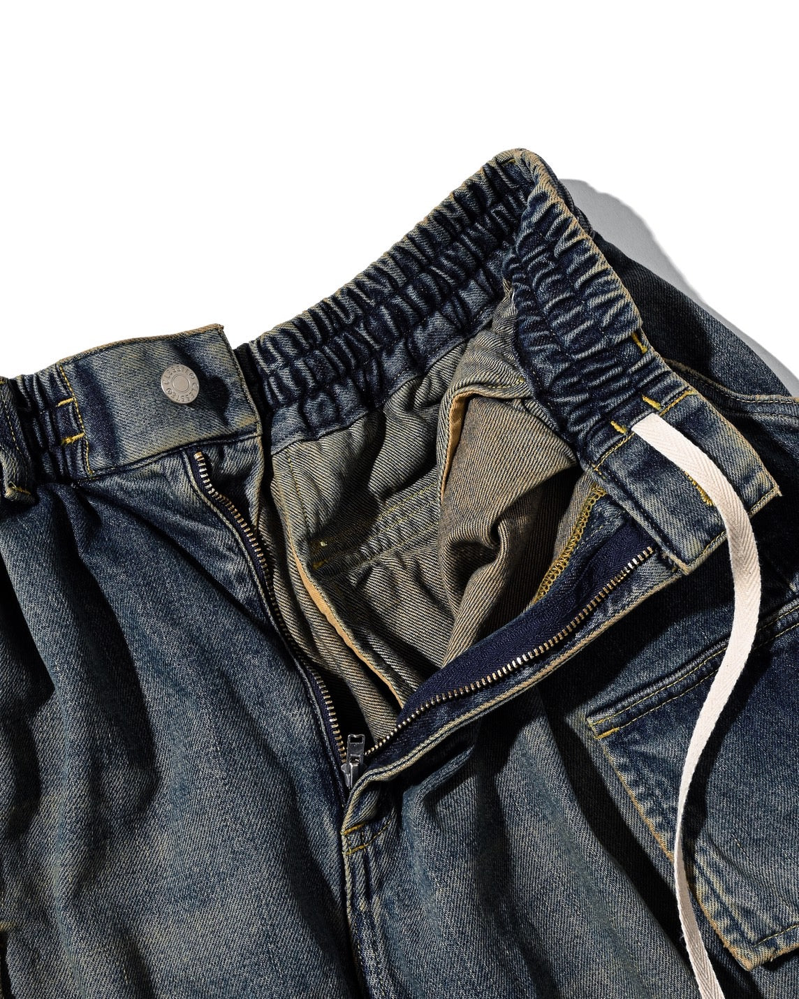 VINTAGE DYED SELVEDGE DENIM CITY MEGA POCKET BALLOON CARGO HALF PANTS (VINTAGE INDIGO)