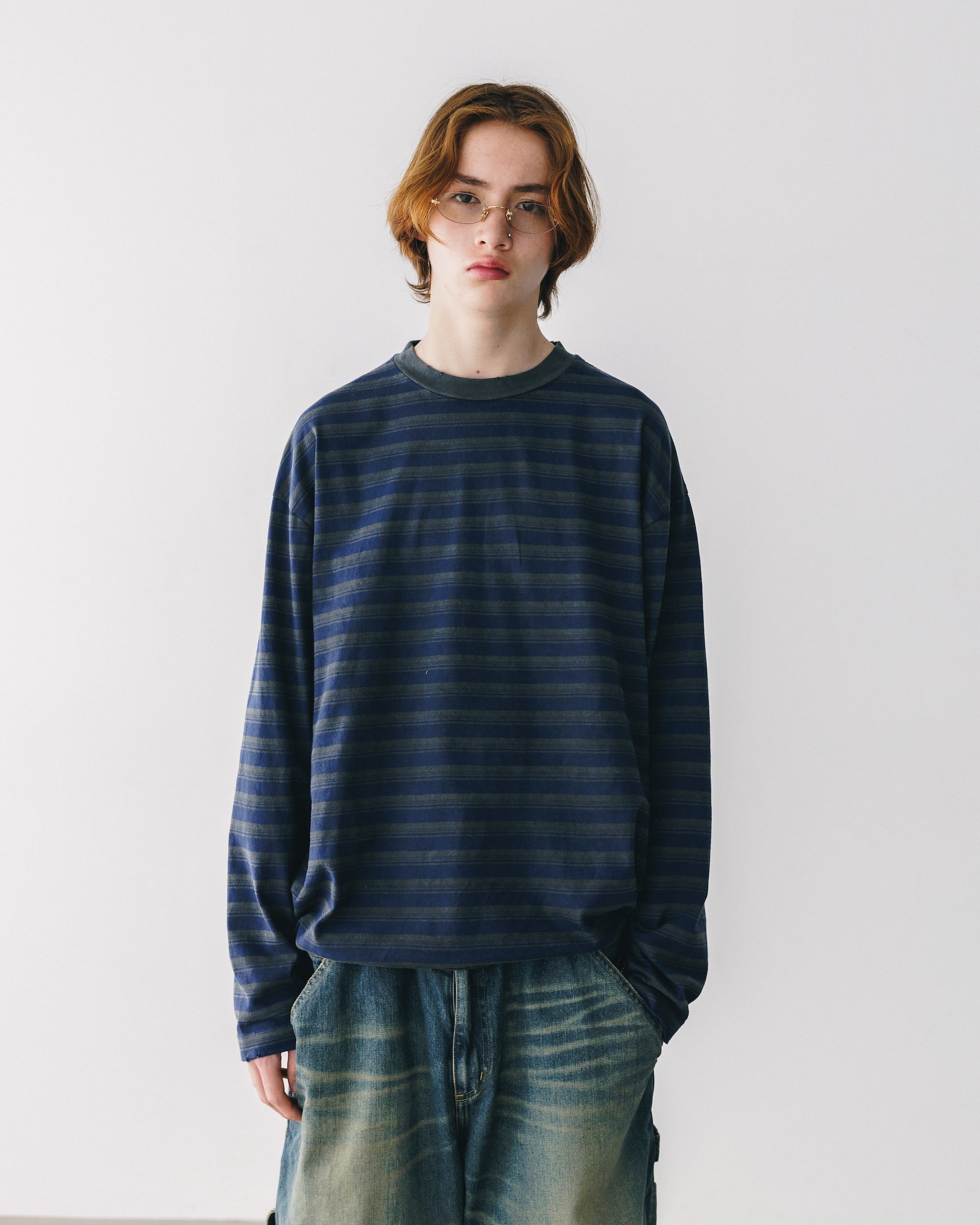 【10.8 WED 20:00- IN STOCK】PIGMENT DYED MULTI STRIPED L/S T-SHIRT WITH DRAWSTRINGS