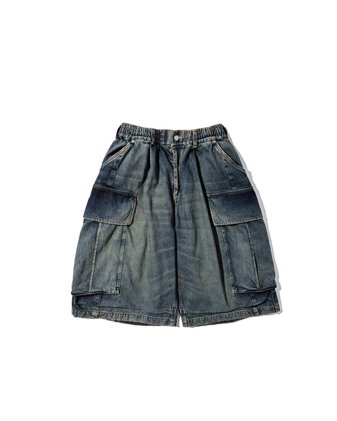【5.23 SAT 20:00- IN STOCK】VINTAGE DYED SELVEDGE DENIM CITY MEGA POCKET BALLOON CARGO HALF PANTS (VINTAGE INDIGO)