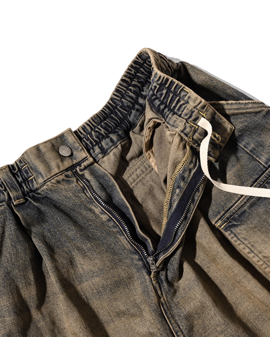 VINTAGE DYED SELVEDGE DENIM CITY MEGA POCKET BALLOON CARGO HALF PANTS (VINTAGE BEIGE)