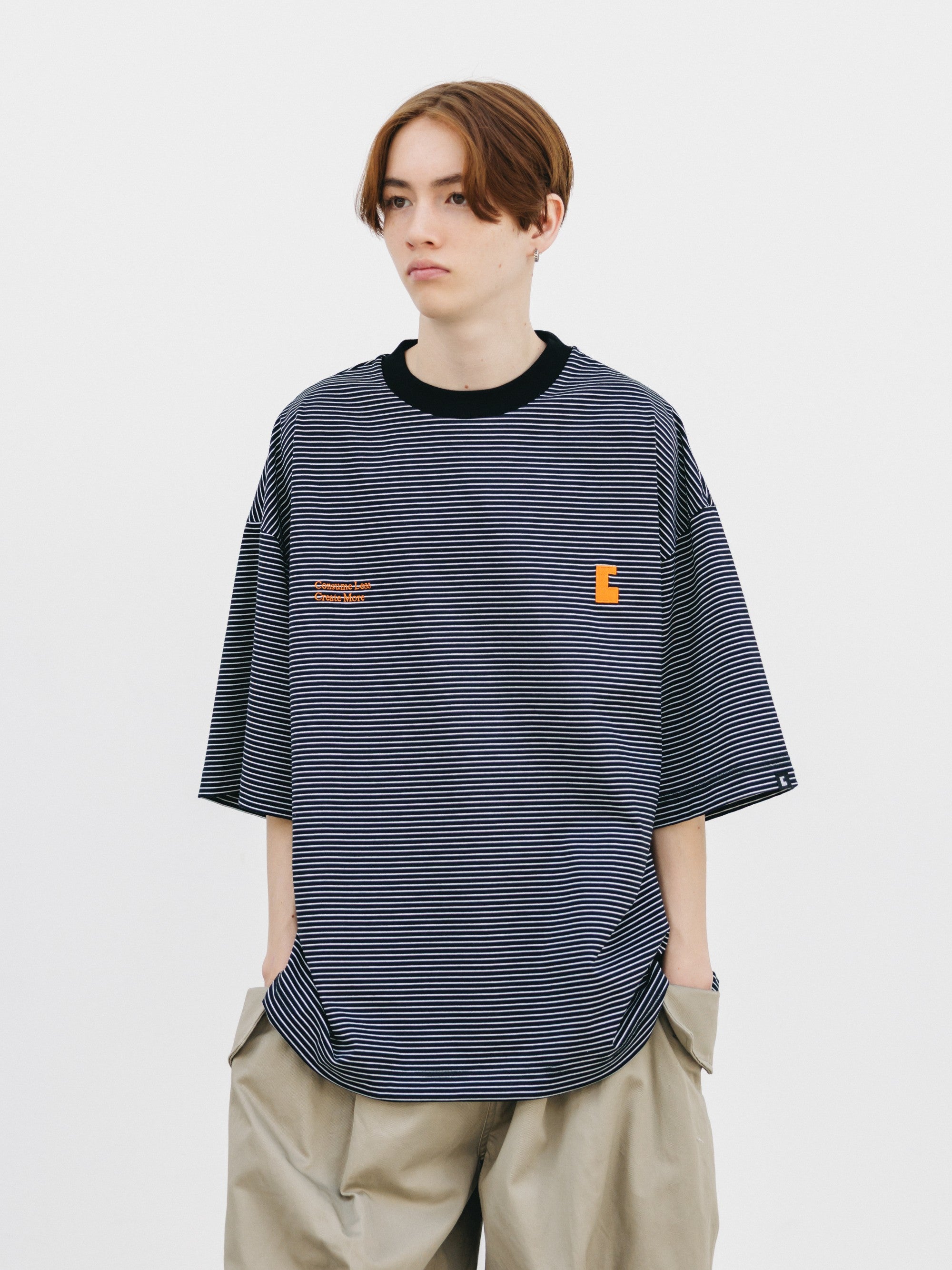 【6.13 SAT 20:00- IN STOCK】"C×CONCEPT" STRIPED S/S T-SHIRT WITH DRAWSTRINGS (BLACK×WHITE)