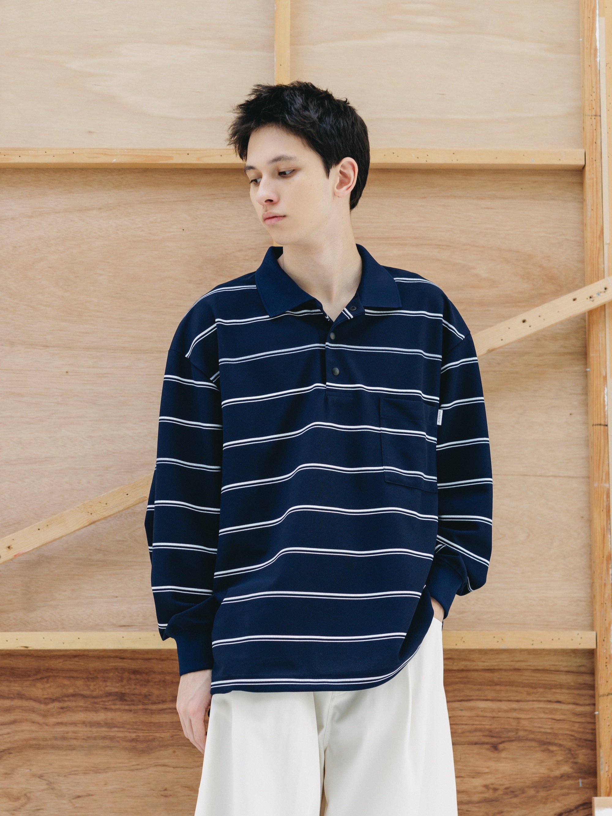THICK/THIN STRIPE ACTIVE CITY POLO L/S SHIRTS (NAVY)