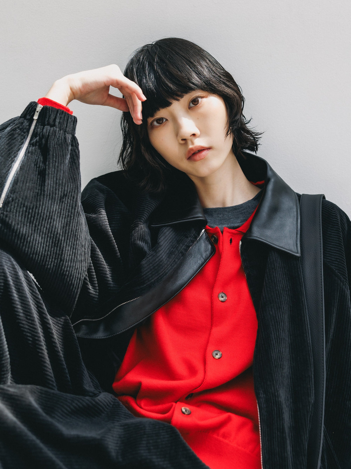 【10.21 WED 20:00- IN STOCK】 LEATHER COLLAR CORDUROY CITY UTILITY BALLOON JACKET (BLACK)