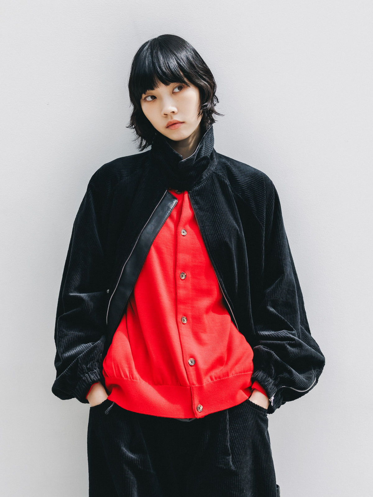 【10.21 WED 20:00- IN STOCK】 LEATHER COLLAR CORDUROY CITY UTILITY BALLOON JACKET (BLACK)