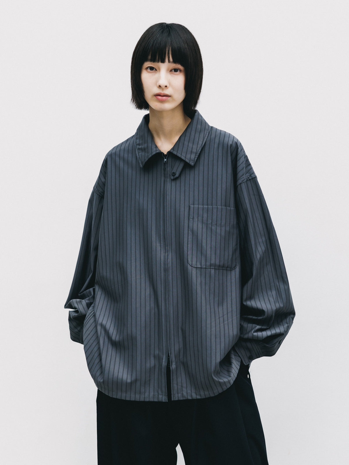 【10.24 SAT 20:00- IN STOCK】 THICK/THIN STRIPE 46G KNIT EVERYDAY ZIP UP L/S SHIRT (CHARCOAL STRIPE)