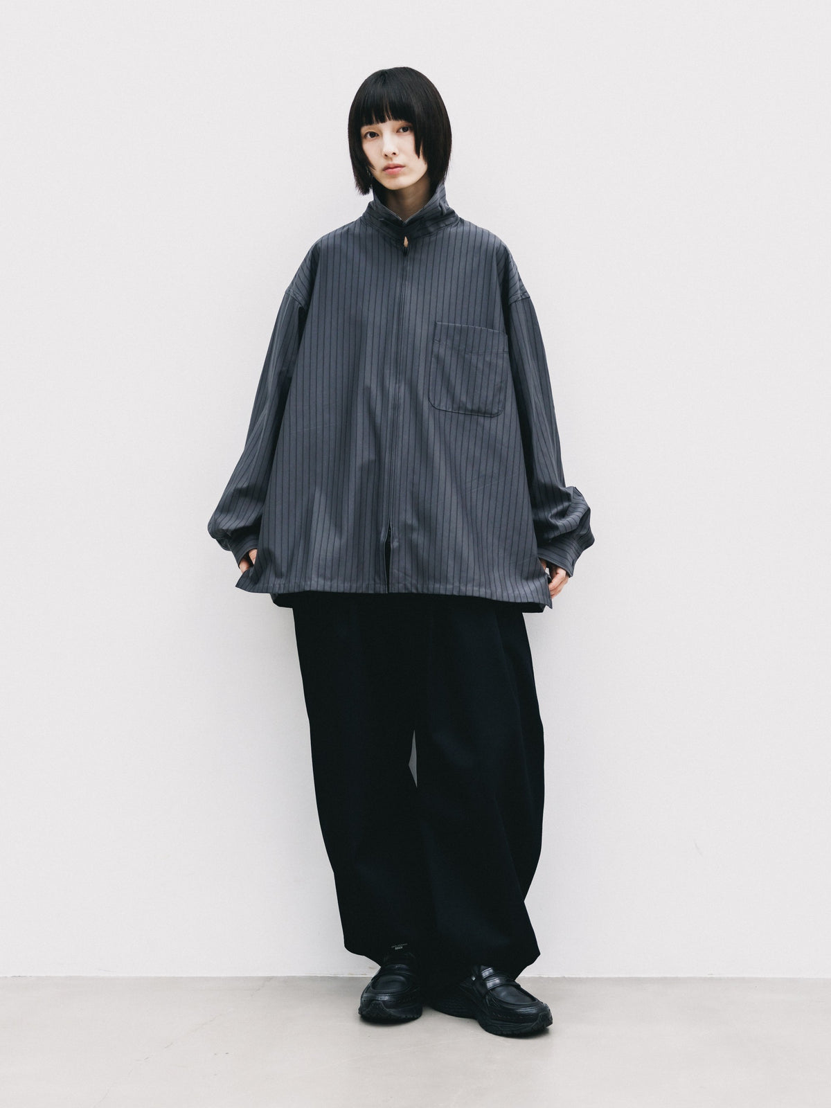【10.24 SAT 20:00- IN STOCK】 THICK/THIN STRIPE 46G KNIT EVERYDAY ZIP UP L/S SHIRT (CHARCOAL STRIPE)