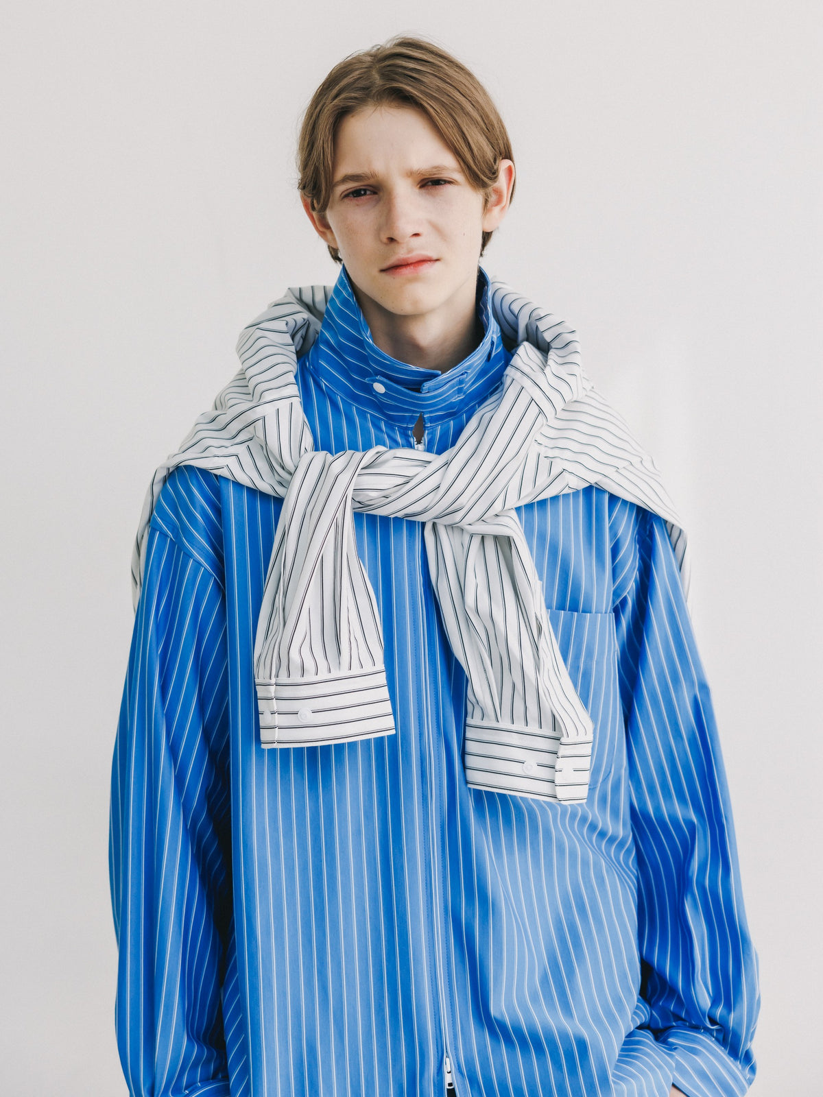 【10.24 SAT 20:00- IN STOCK】 THICK/THIN STRIPE 46G KNIT EVERYDAY ZIP UP L/S SHIRT (SAX BLUE STRIPE)