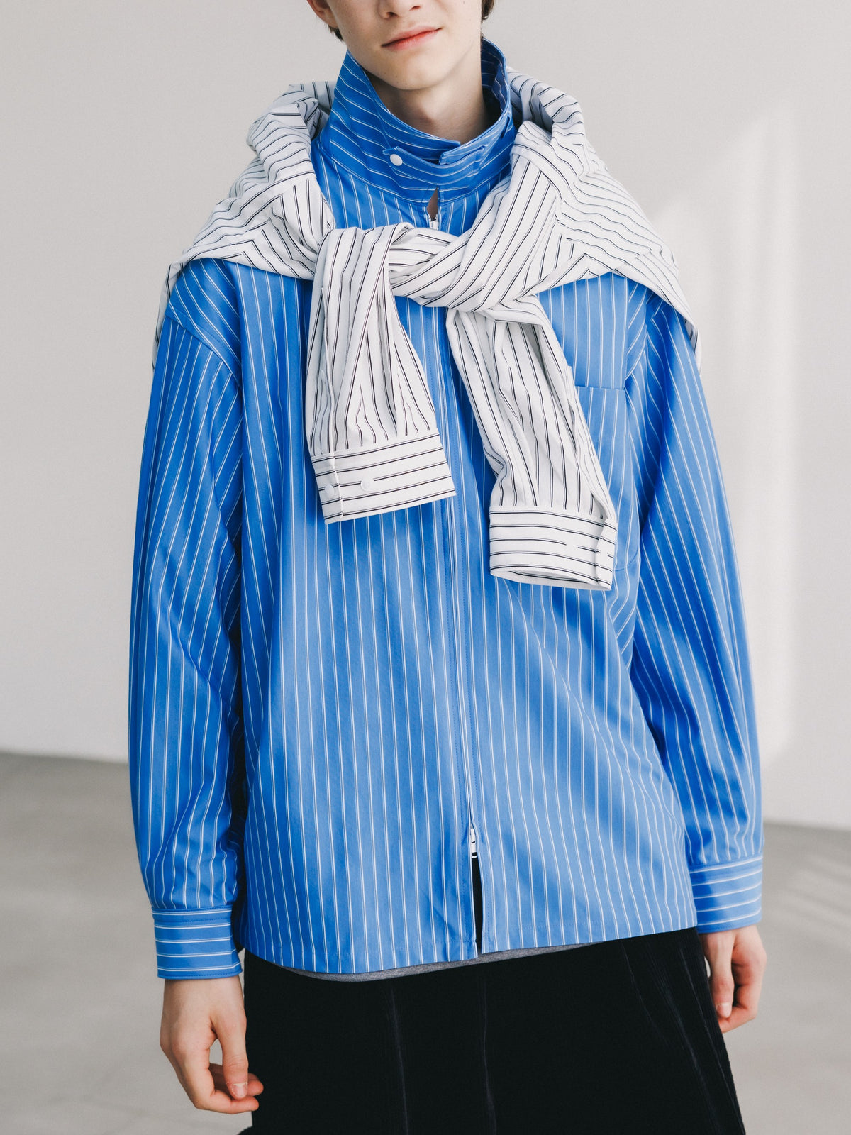 【10.24 SAT 20:00- IN STOCK】 THICK/THIN STRIPE 46G KNIT EVERYDAY ZIP UP L/S SHIRT (SAX BLUE STRIPE)