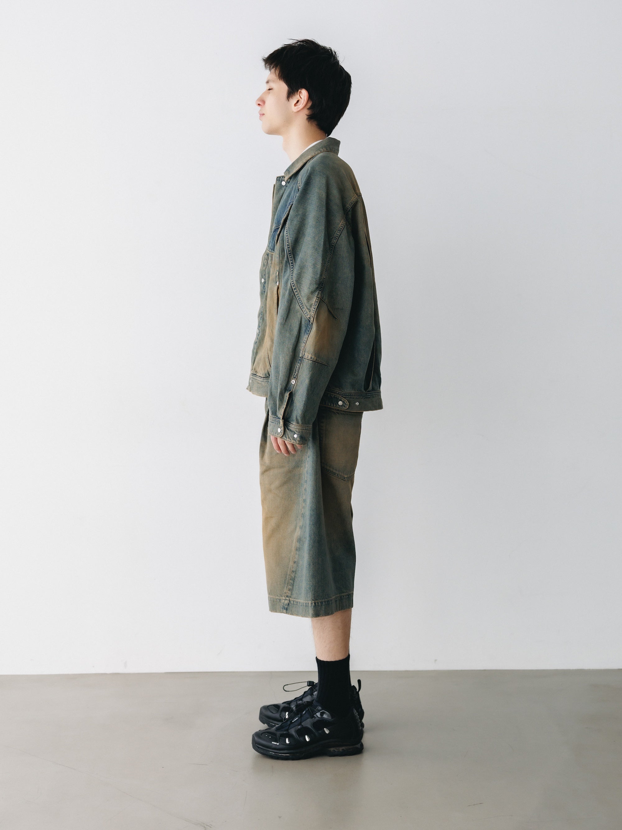 VINTAGE DYED SELVEDGE DENIM CITY BAGGY HALF PANTS (VINTAGE BEIGE)